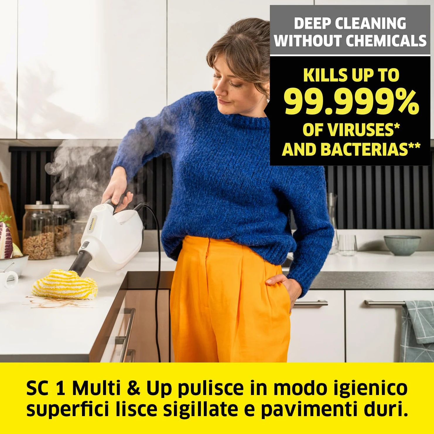 KÄRCHER Pulitore a Vapore SC 1 Multi & Up, Tempo di riscaldamento: 30s, Potenza di riscaldamento: 1.300 W, rimuove fino al 99,99% di germi e batteri, Potenza superficiale: 30 m², Serbatoio: 200 ml
