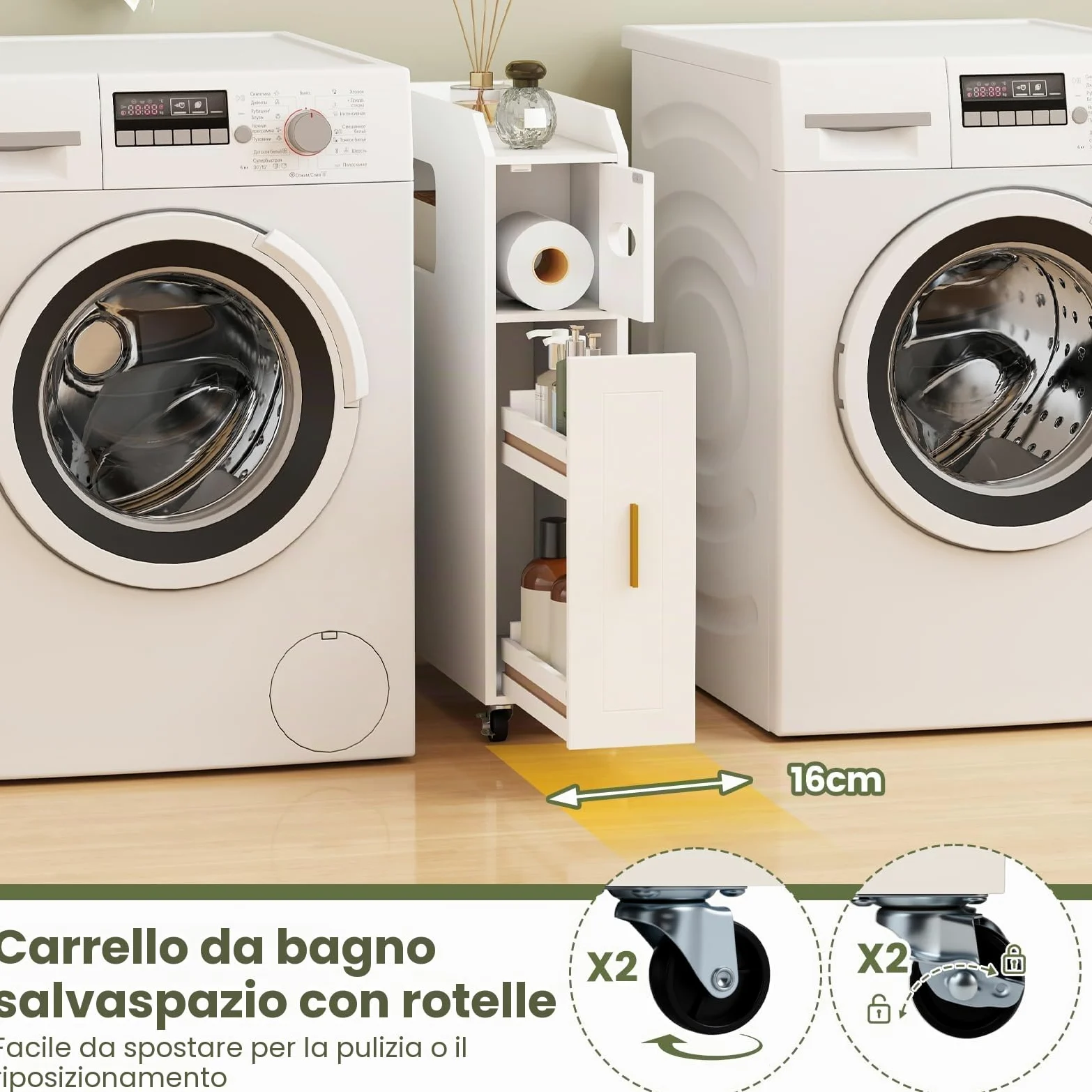 GIANTEX Piccolo Mobile da Bagno 16 cm, Armadietto da Bagno Stretto, Porta Carta, Porta Spazzola, Mobile WC Compatto con Cassetto e Ruote, Organizzazione del Bagno per Spazio Piccolo, Bianco