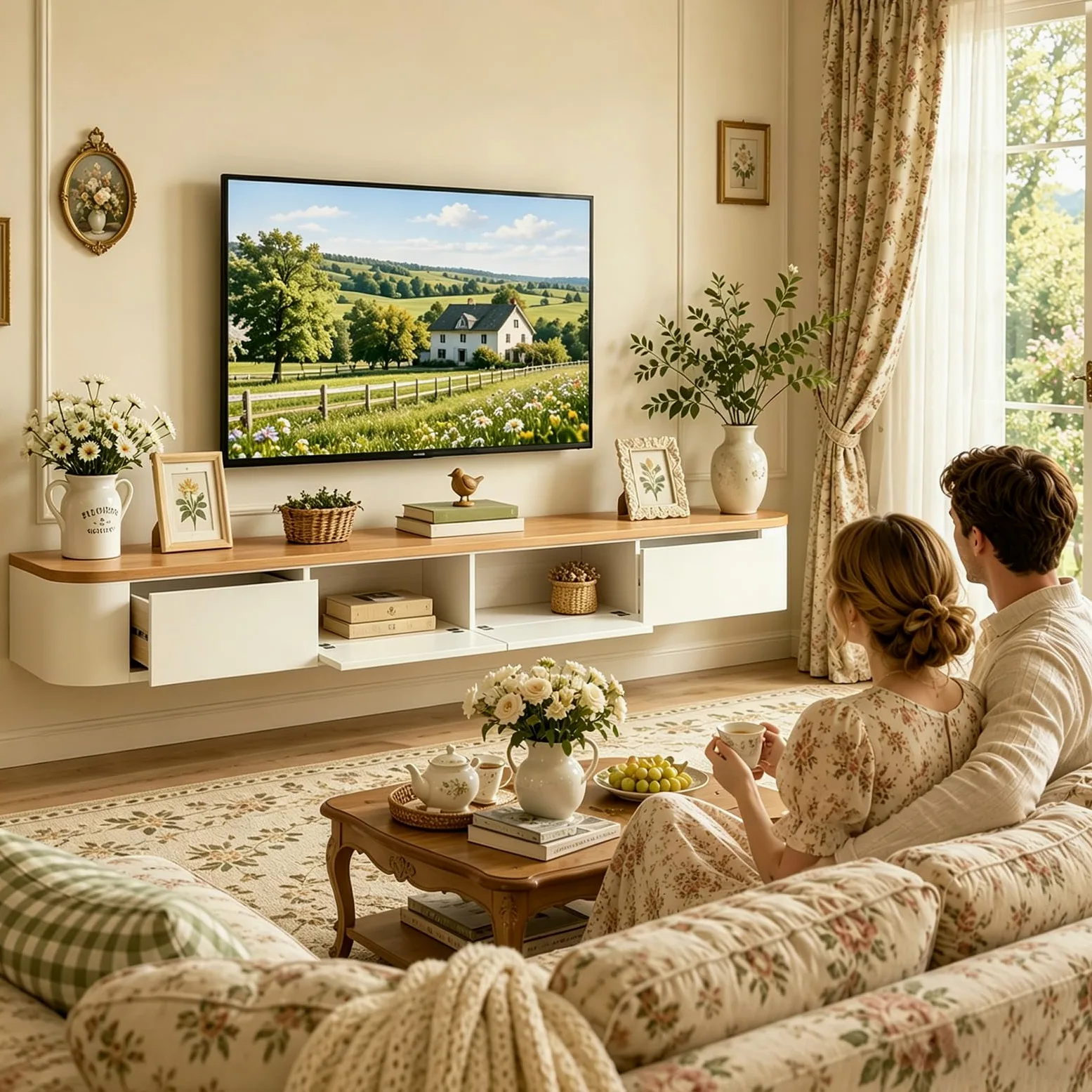Mobile TV moderno 280 cm Beige e Bianco, Mobile TV basso con 2 cassetti e 2 ante a ribalta, Piano TV sospeso, Gestione dei cavi di alta qualità, Tavolo TV per soggiorno e sala da pranzo