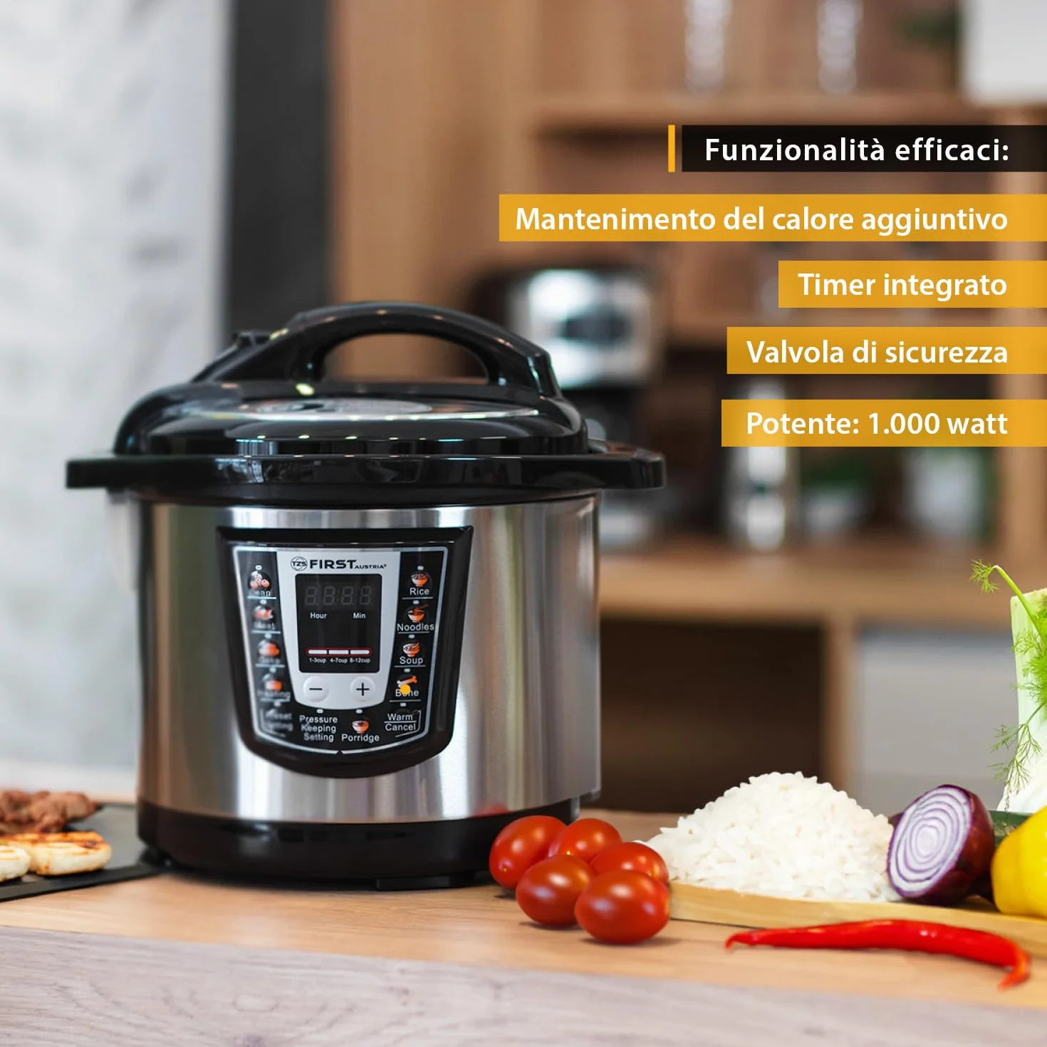 TZS First Austria Multicooker a Pressione Elettrico 6L 1000W 9 Programmi Automatici