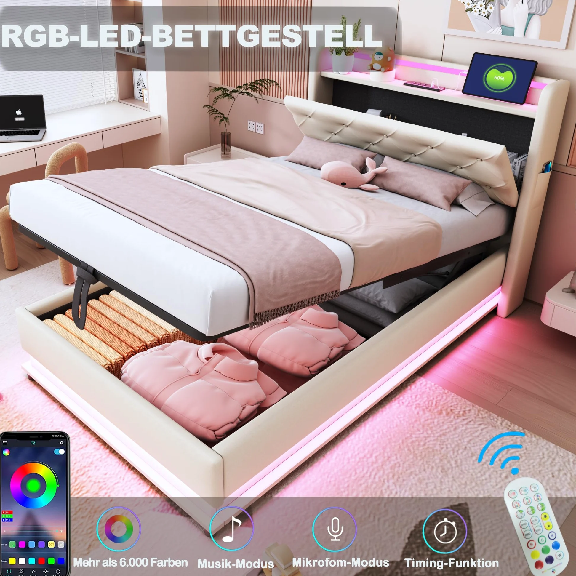 Ymkua Letto Imbottito Letto Singolo 90x200 cm, Bed contenitore con LED e USB Porta, Idraulici Bed frame per Bambini con Struttura Rete a Doghe e Testata Ribaltabile, Linen, Senza Materasso (Beige)