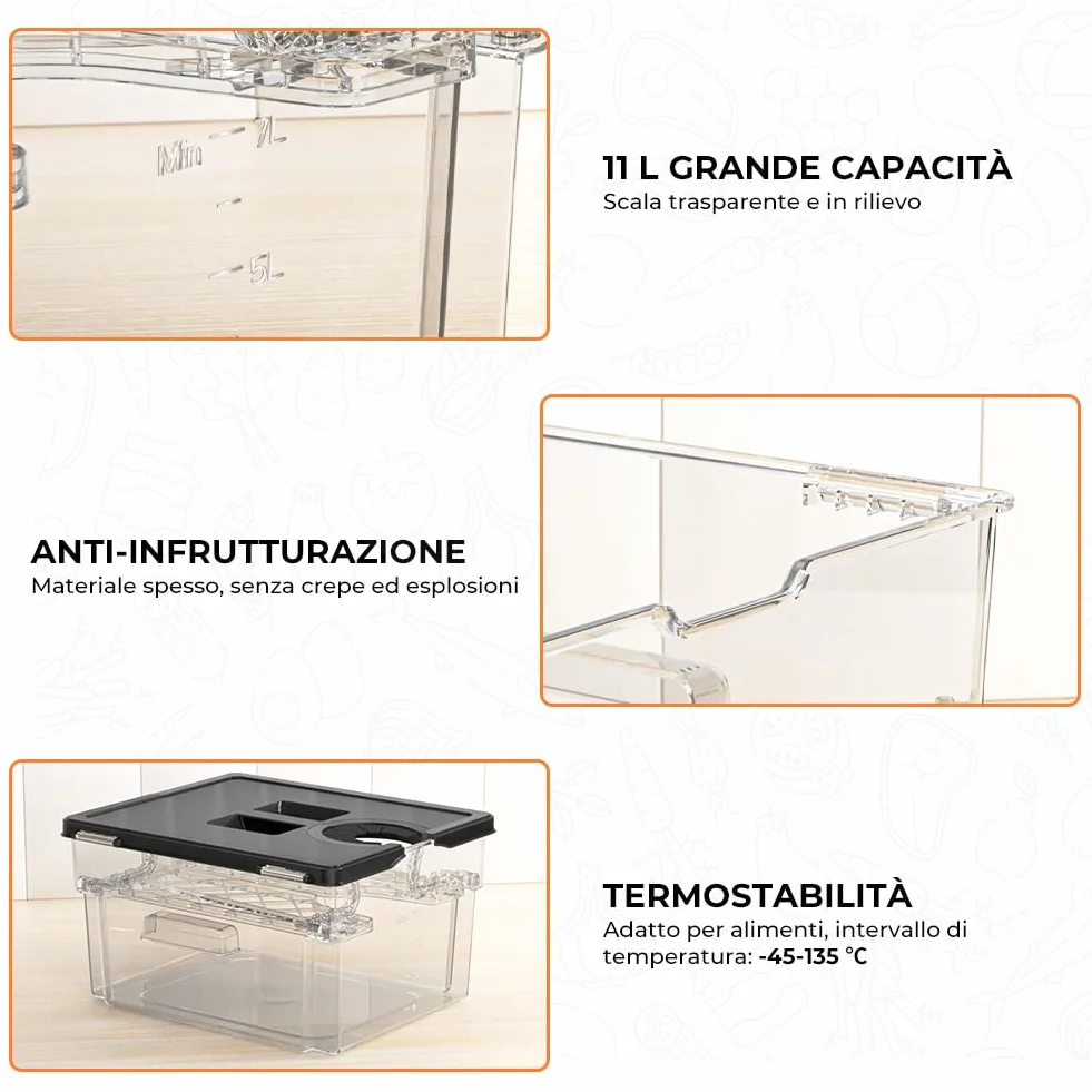 Sous Vide Contenitore 11L con Coperchio e Rastrelliera Policarbonato Trasparente Senza BPA