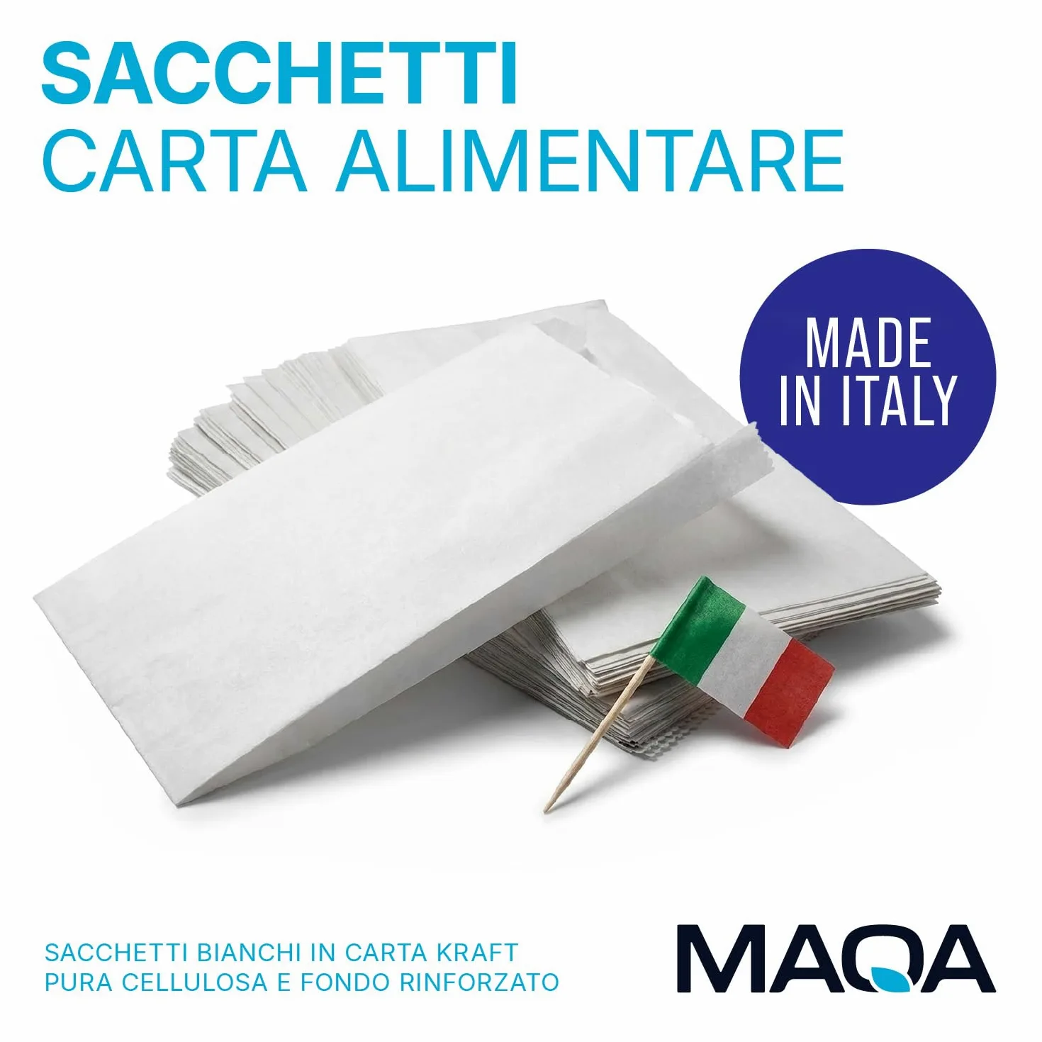 MAQA Sacchetti Bianchi Carta Kraft per alimenti Sacchetto in Carta Kraft Bianco per cornetti, pizze, dolci, confetti, caramelle 19+15x38 cm/1000