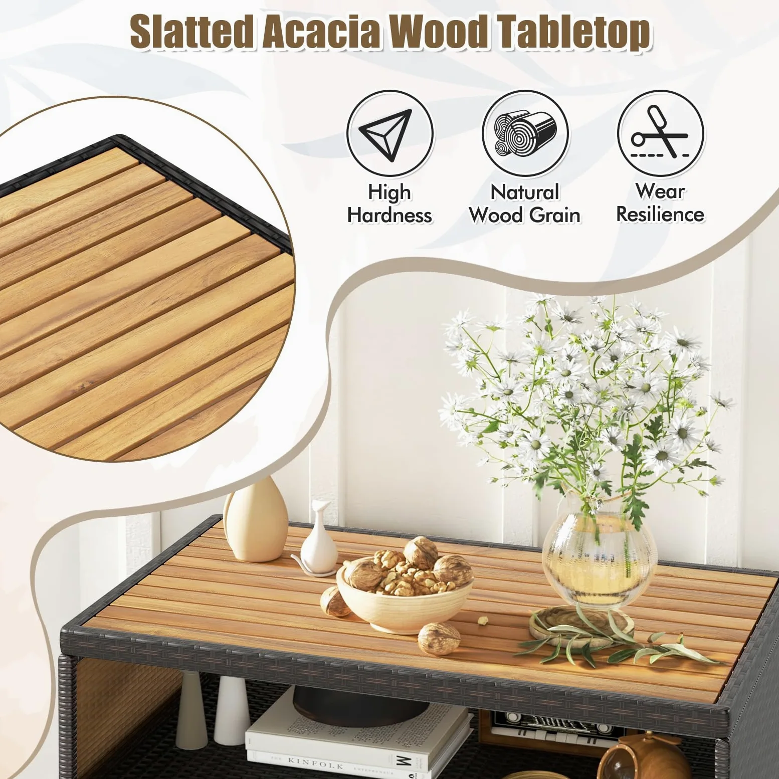 LIFEZEAL Credenza Cucina, in Rattan PE, Mobile Cucina, con Superficie Ampia in Legno di Acacia, Credenza Soggiorno, con Rapiano Aperto e 2 Ante, 90x53x86 cm, per Giardino Terrazza e Patio (marrone)