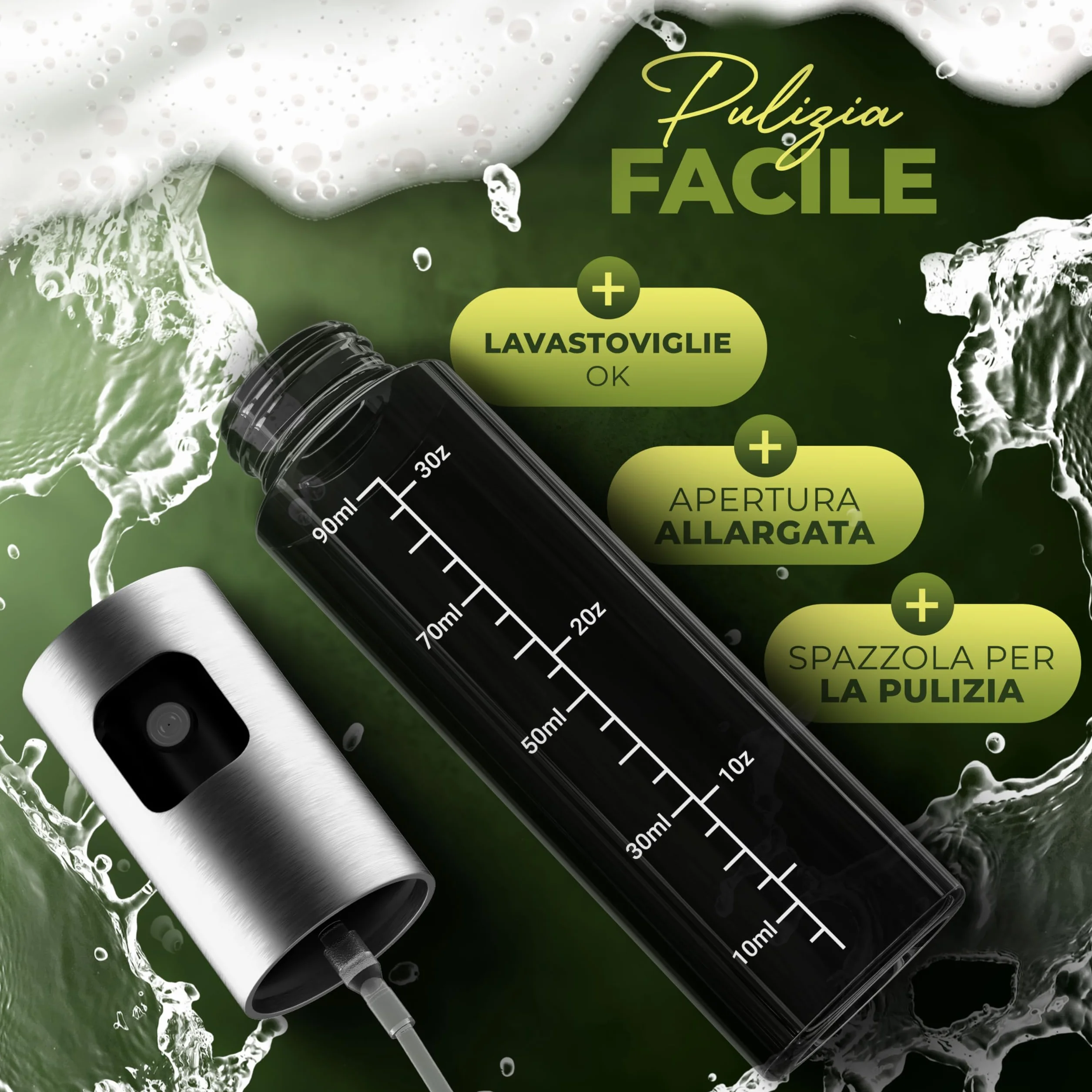 Spruzzatore per olio in vetro verde con protezione UV e rivestimento in acciaio inossidabile 100% senza BPA