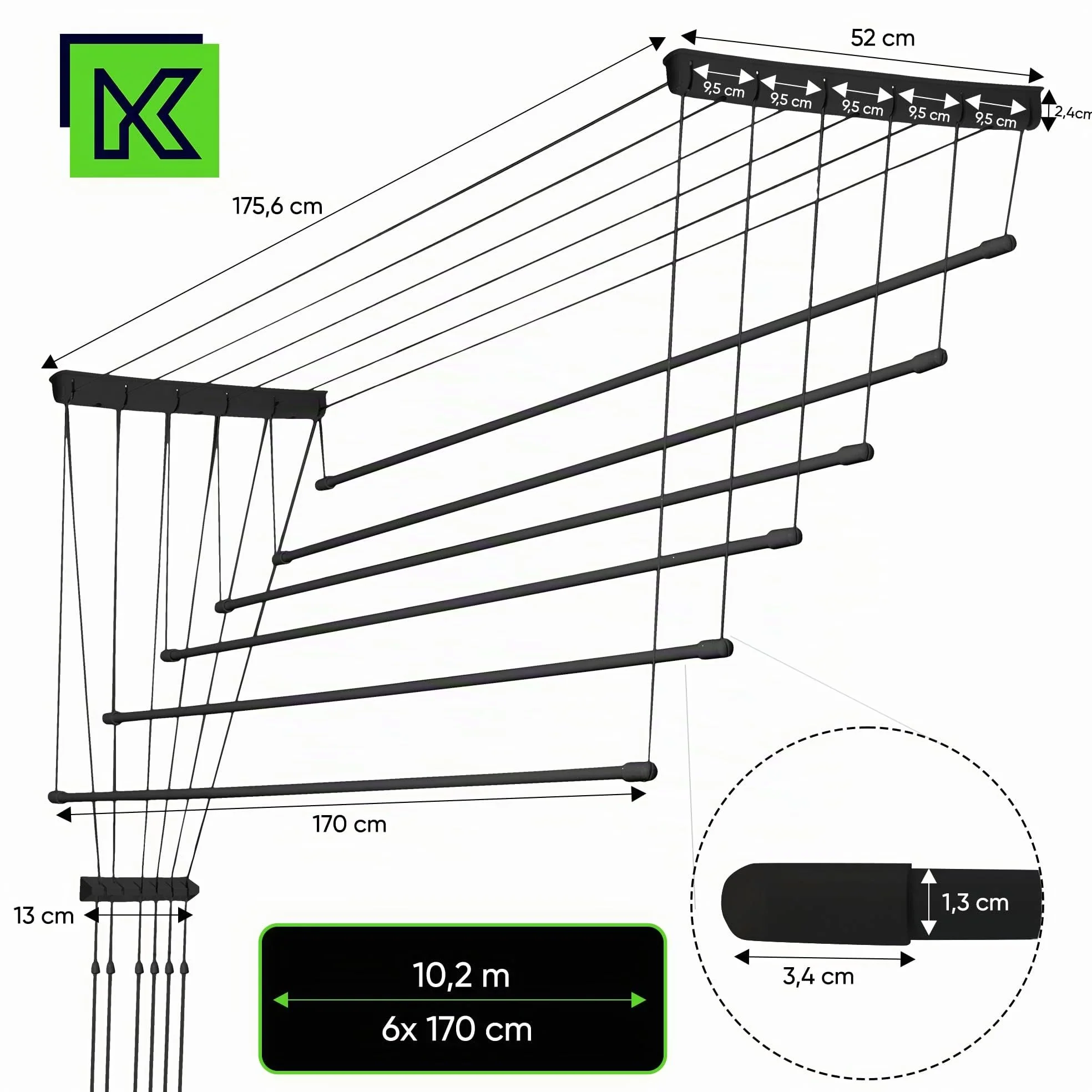 KADAX Stendibiancheria da Soffitto in Acciaio Rivestito in Polietilene, Stendino con Design Salvaspazio e Capacità di Carico di 12 kg (Nero, 6 x 170)