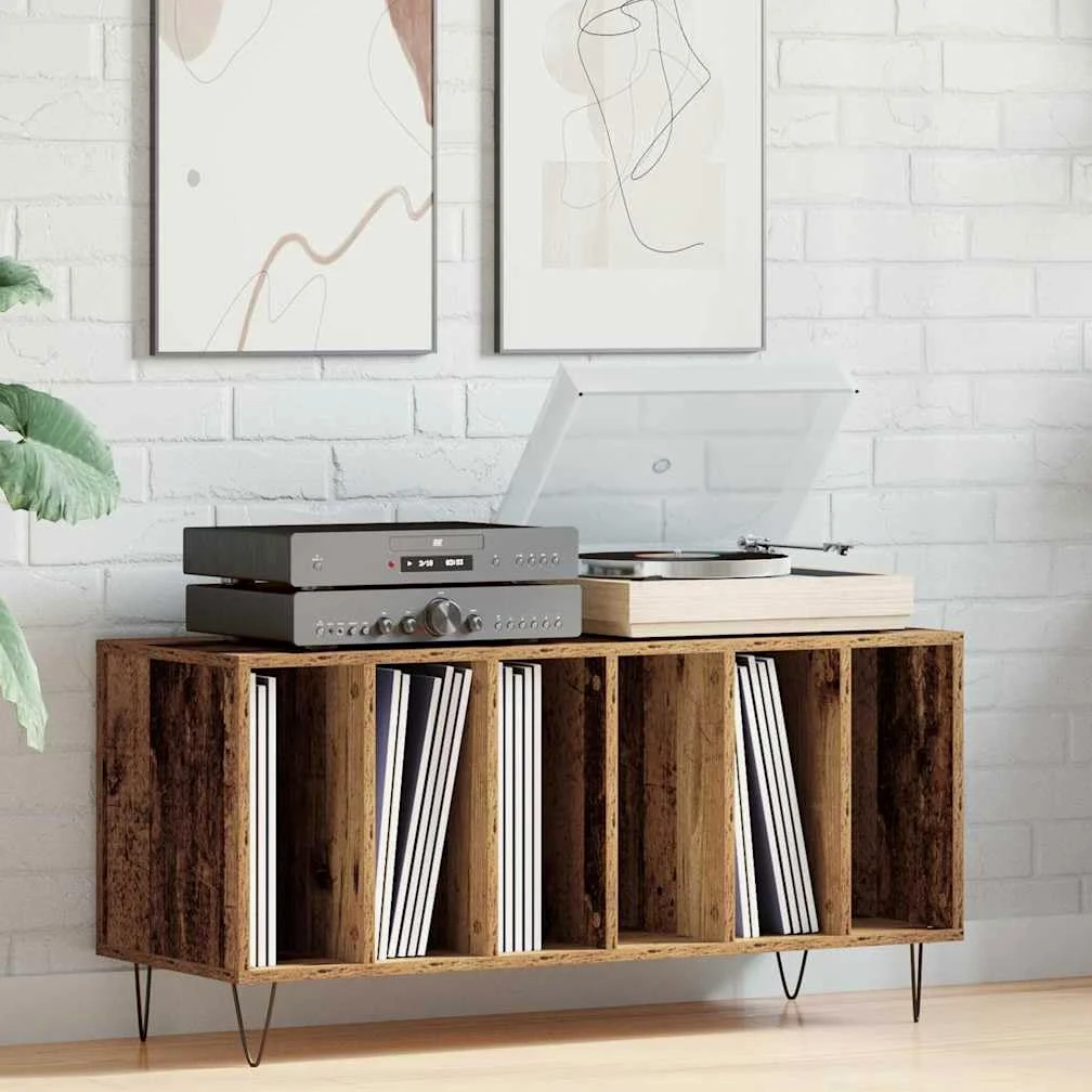 Armadio per dischi in legno anticato, 100 x 38 x 48 cm, con 6 ripiani e gambe in acciaio, per soggiorno, conservazione e ordine di vinile, CD, DVD, ricevitori, router