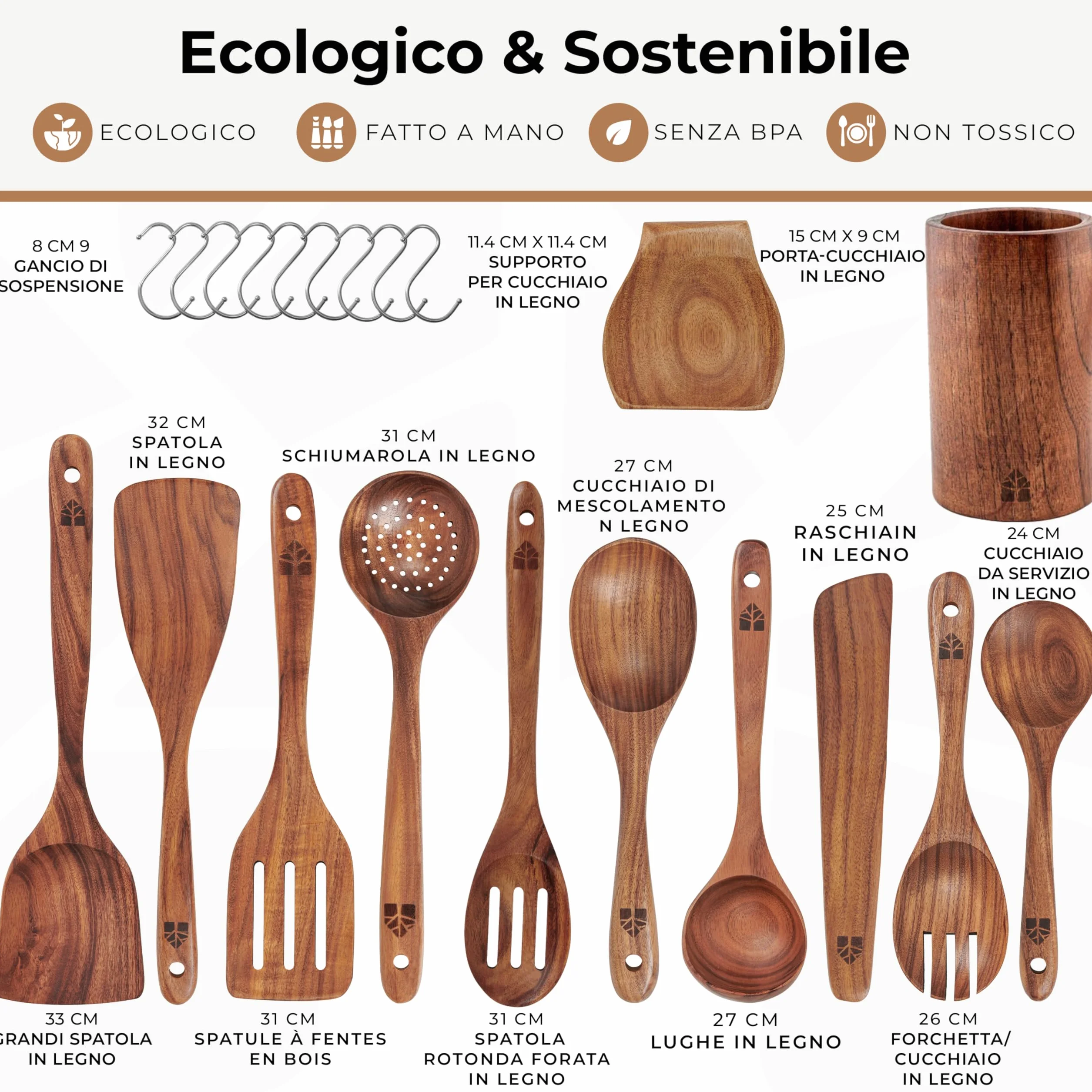 Woodenhouse - Set di 12 Pezzi di Utensili da Cucina in Legno di Teak con Supporto, Porta Cucchiaio e Ganci Nonstick