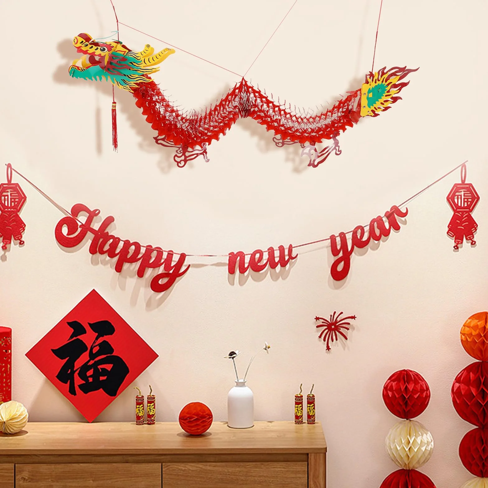 Amosfun Cinese Lanterne Di Plastica 1,5M Decorazioni Capodanno Drago Tradizionale Ornamenti Sospesi Festa