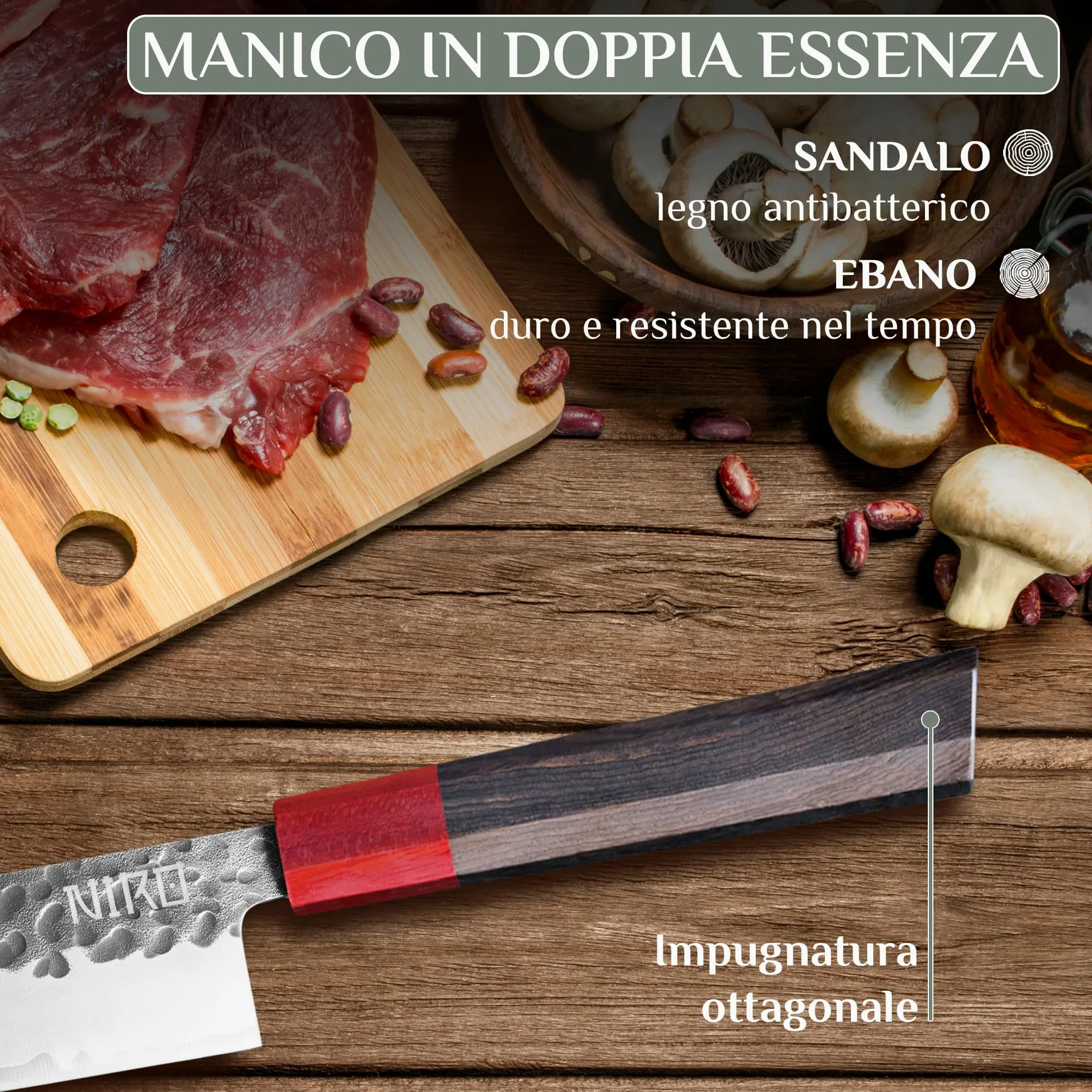 NIRO Coltello Professionale Giapponese Santoku in Acciaio Damascato, 67 Strati, Durezza 60 HRC, Manico Pregiato in Ebano e Sandalo, Bilanciamento perfetto, Resistente all’usura
