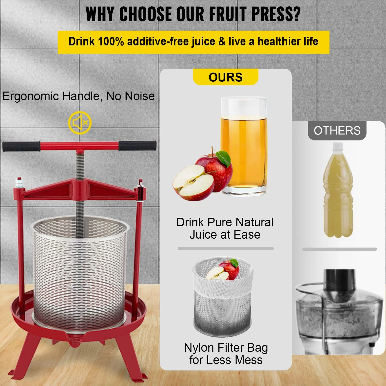 VEVOR Pressa Manuale per Vino di Frutta Cesto in Acciaio Inox 5L con Manico, Spremiagrumi Manuale per Bevande Alcoliche Pressa per Sidro, Mela, Uva, Tintura, Miele, Olio d'Oliva Cucina, Casa