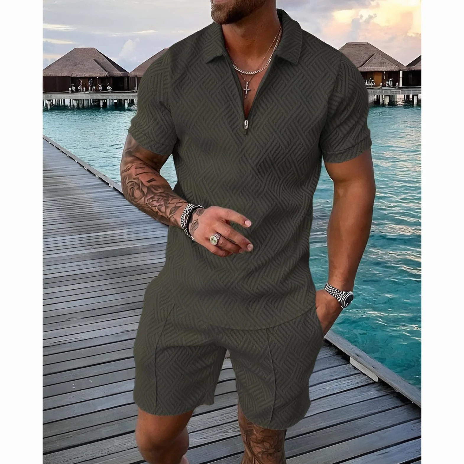 amropi Tuta Uomo Sportiva Maniche Corte Cerniera T-Shirt e Pantaloncini Estiva 2 Pezzi Set Completo