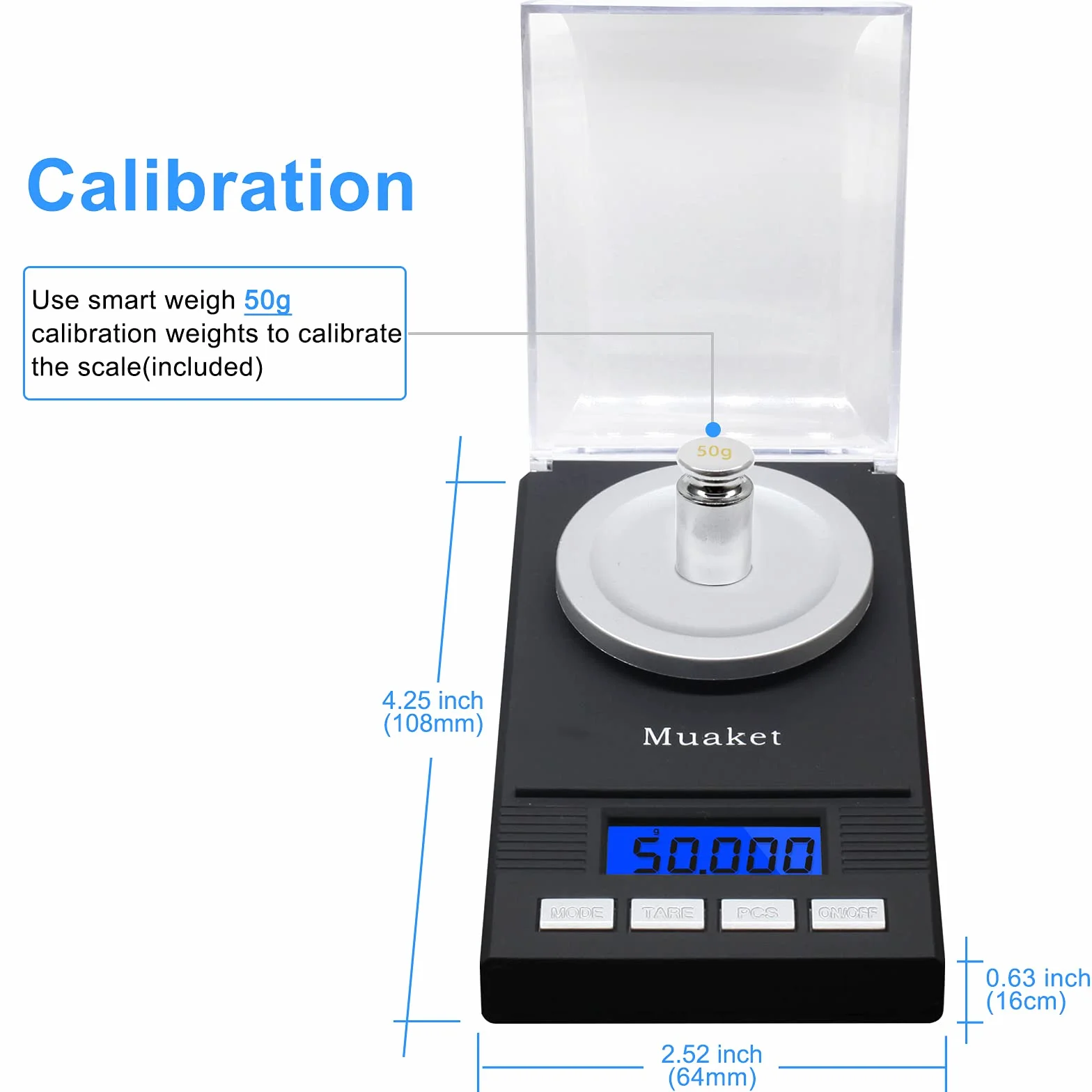 Bilancia Digitale 0,001g/50g, Muaket Precisione Cucina, Milligrammi con Display LCD, Scale con Funzione Tare, Calibrazione Pesi, Piatto di Pesata e 2 x Batterie