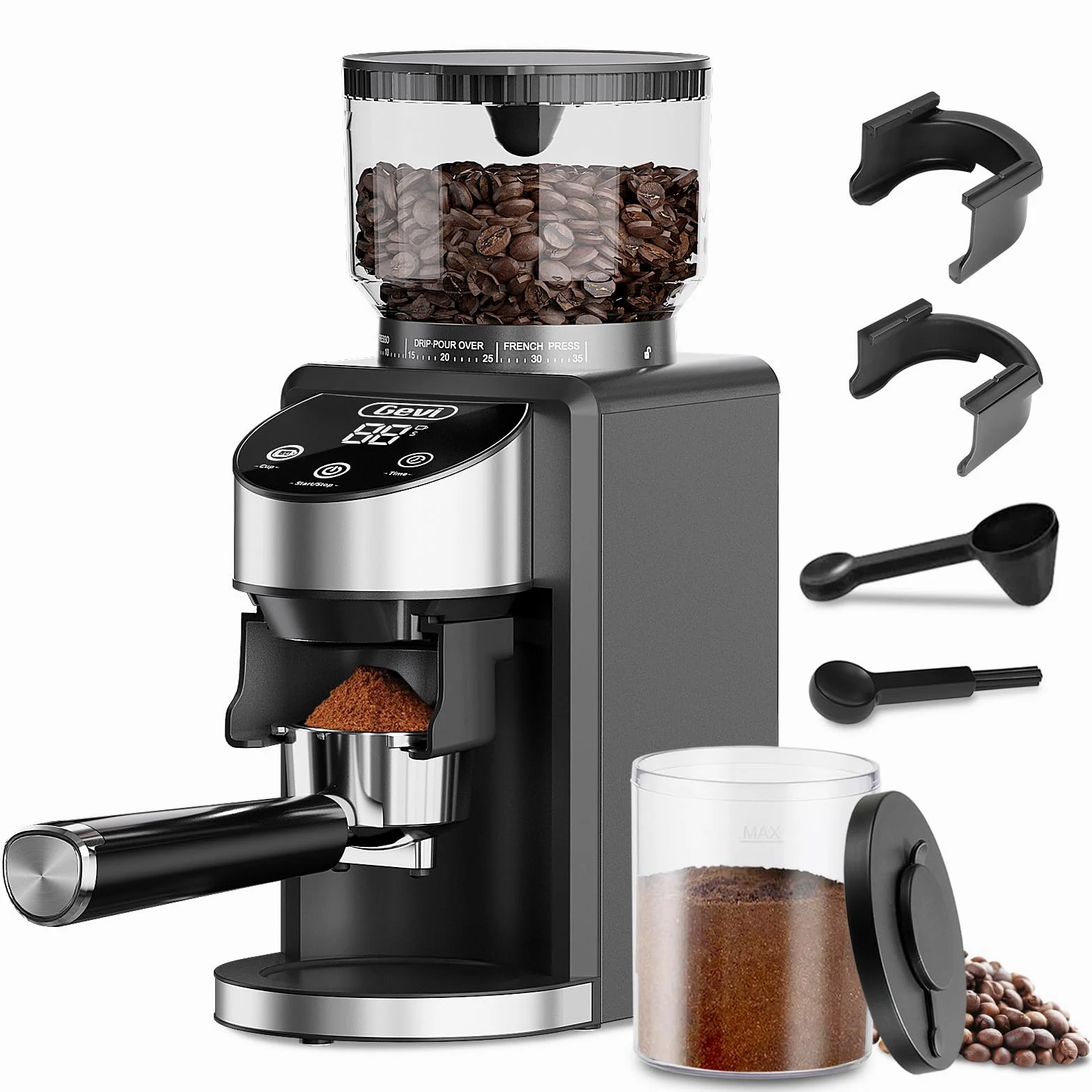 Gevi Burr - Macinino elettrico per chicchi di caffè, 35 impostazioni di macinazione regolabili con supporto professionale da 51 e 58 mm