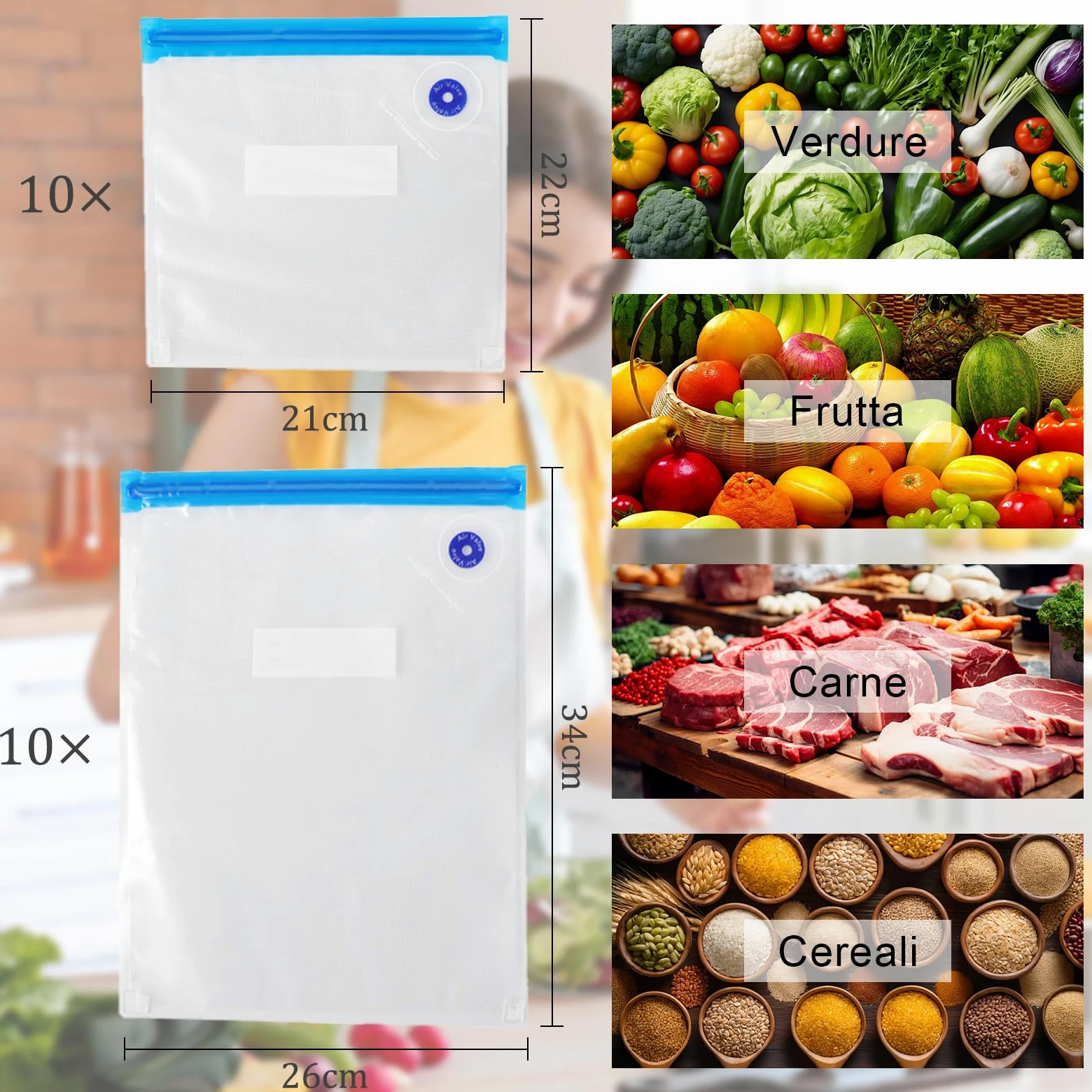 20-pezzi Sacchetti Sottovuoto Alimenti: Buste Sottovuoto Alimenti con Valvola Riutilizzabili Senza BPA - per la Conservazione Degli Alimenti - Cucine Domestiche e Picnic(21x22/26x34cm)