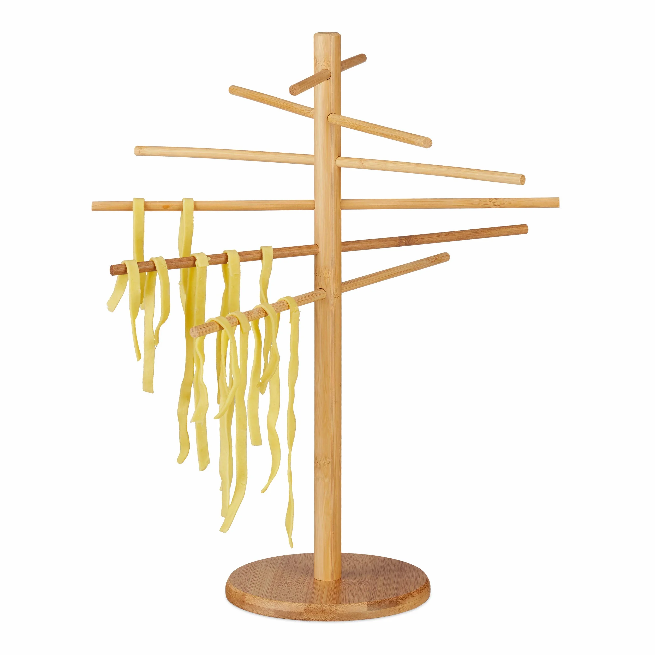 Relaxdays Essiccatore per la Pasta, 12 Bracci, Stand Pieghevole per Tagliatelle & Spaghetti, Bambù, alto 41 cm, naturale