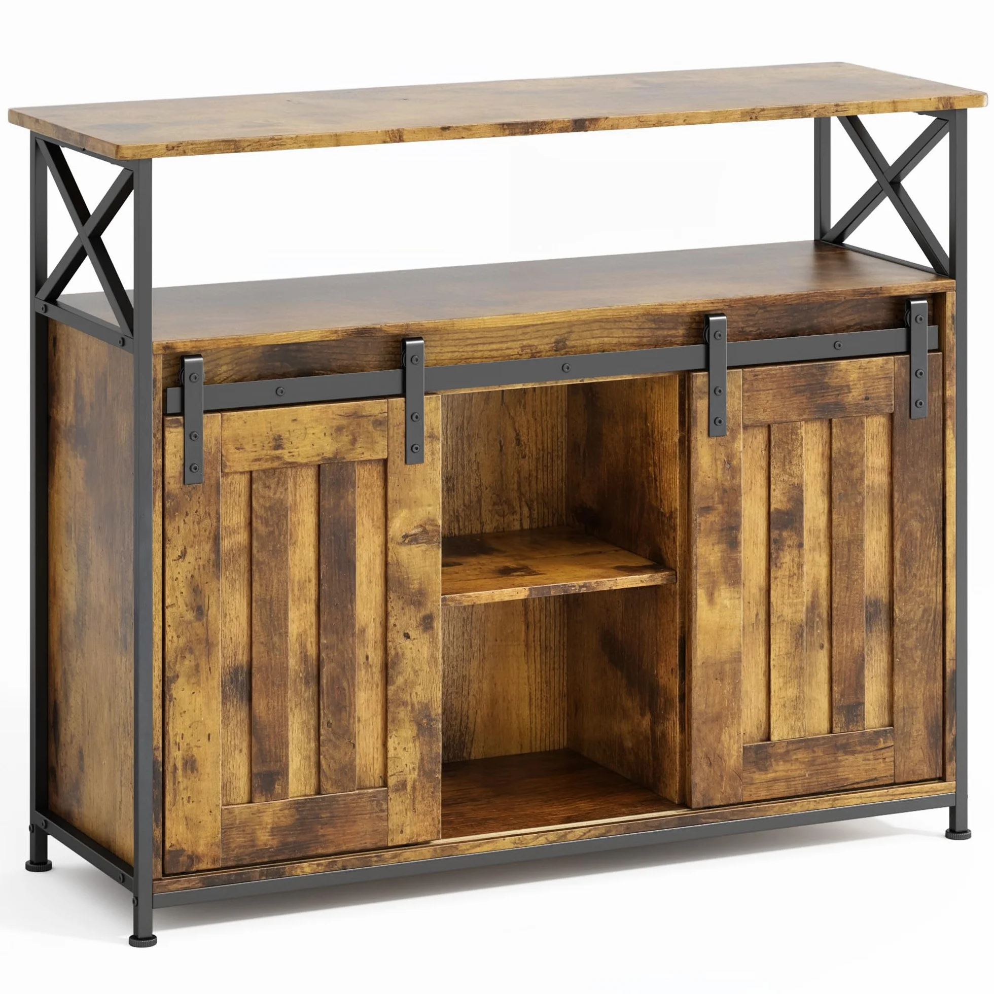 Credenza per Soggiorno Stile Country, con 2 Ante Scorrevoli, Ripiani Regolabili, Mobile Organizzatore in Legno, 33 x 100 x 80 cm, Retro
