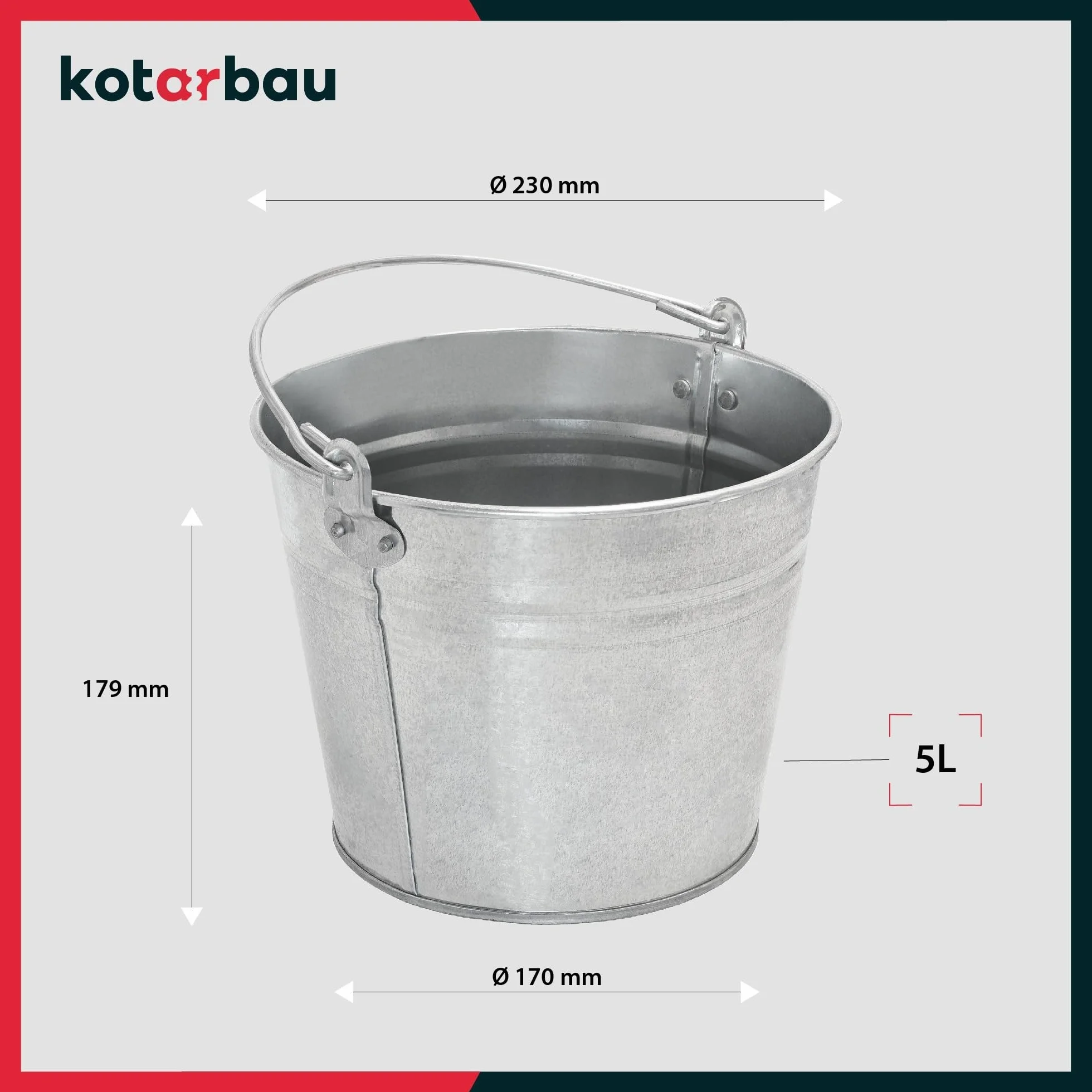 KOTARBAU® Secchio Metallo - Acciaio Zincato - 5 L - Argento - Secchio Muratore - per Cenere - Acqua