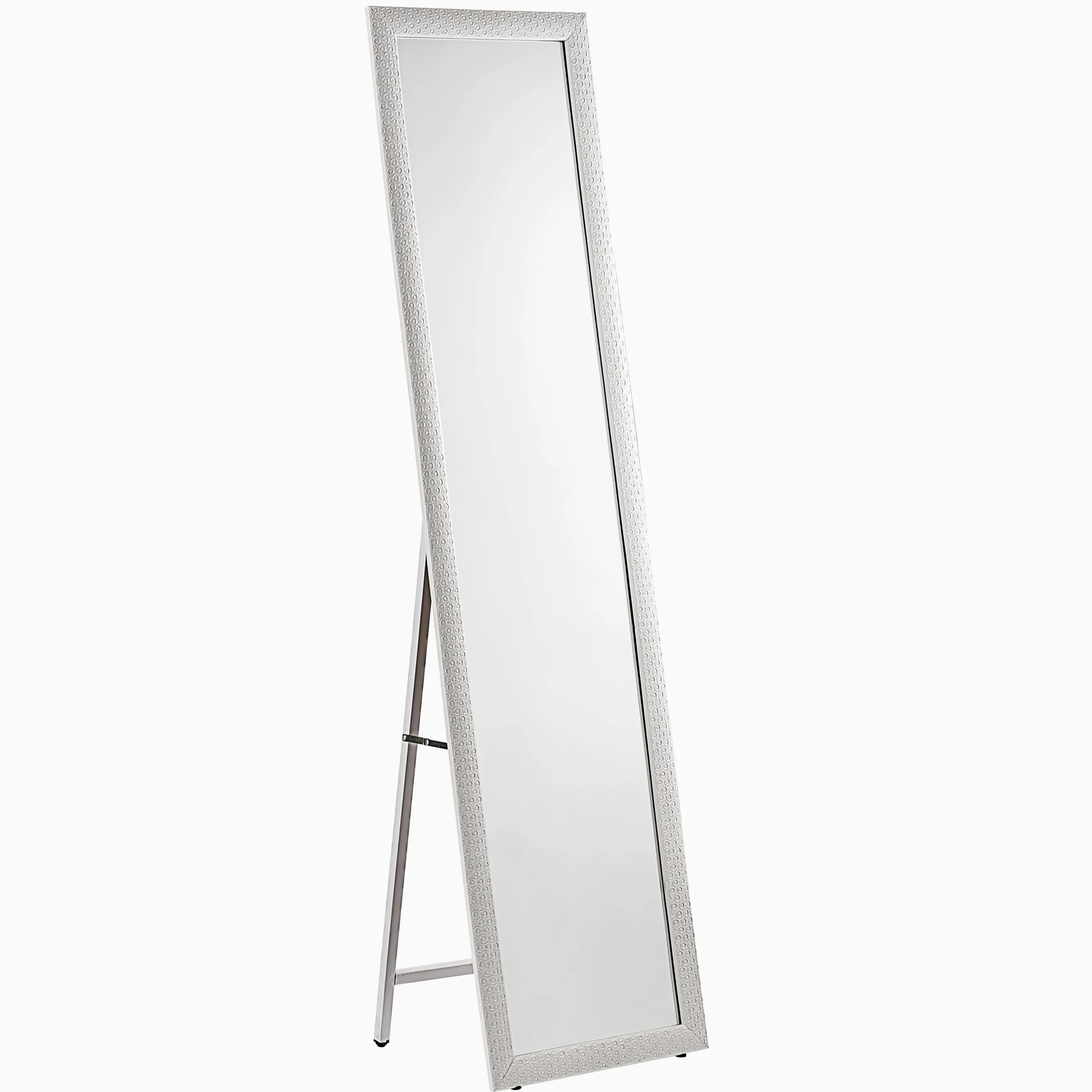 Baroni Home Specchio da Terra con Struttura in Acciaio, Specchio a Figura Intera con Supporto Pieghevole con Cornice Decorata in Legno, Geometrico Bianco, 40x150 cm