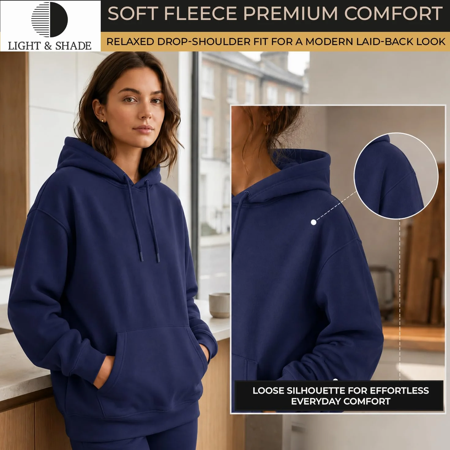 Light & Shade Felpa Donna con Cappuccio Fleece – Hoodie Pullover con Tasca e Coulisse, Sweatshirt Morbida per Palestra Fitness Loungewear e Uso Quotidiano