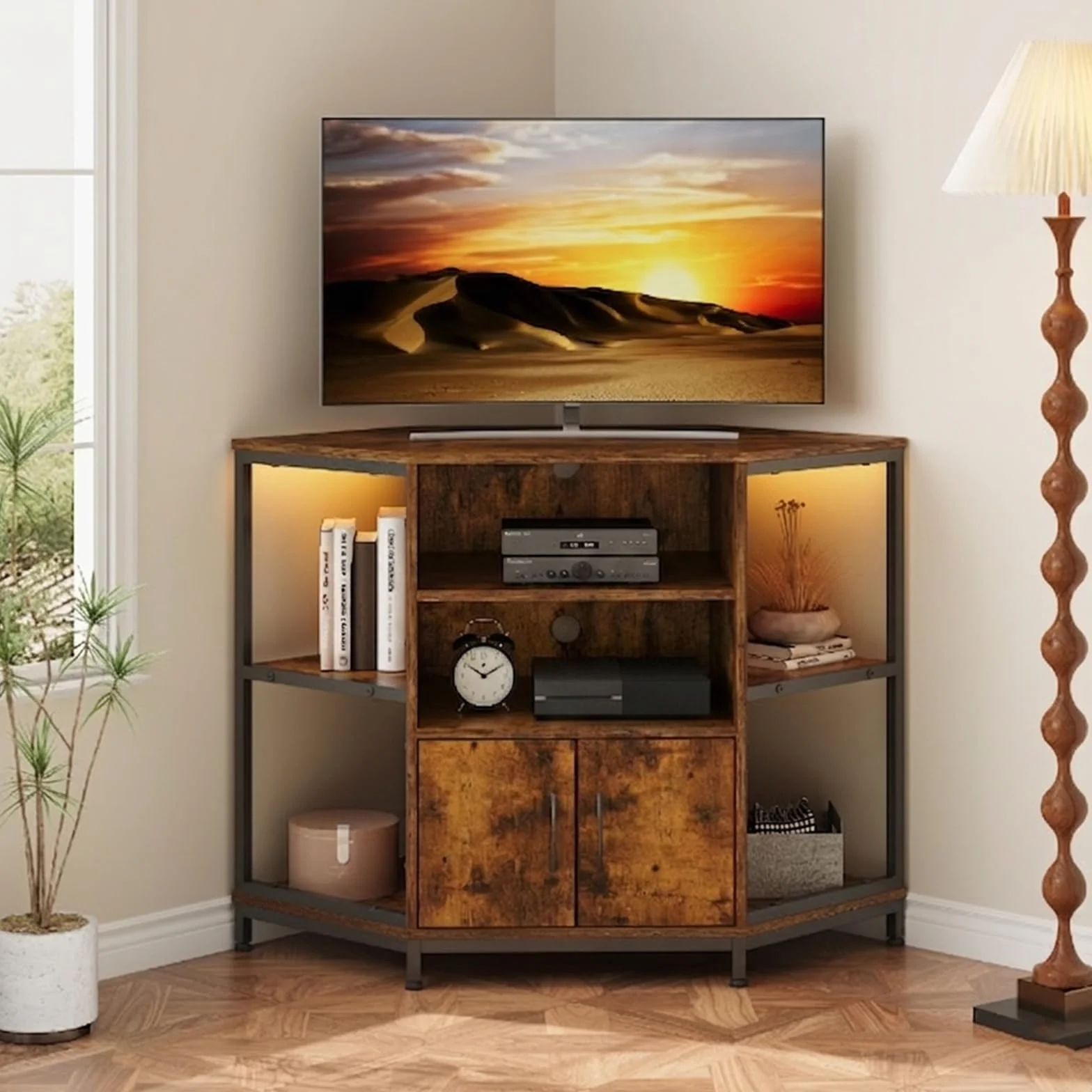 Dripex Mobile angolare per TV con illuminazione a LED, per soggiorno, design industriale, 105 x 50 x 79 cm, marrone vintage