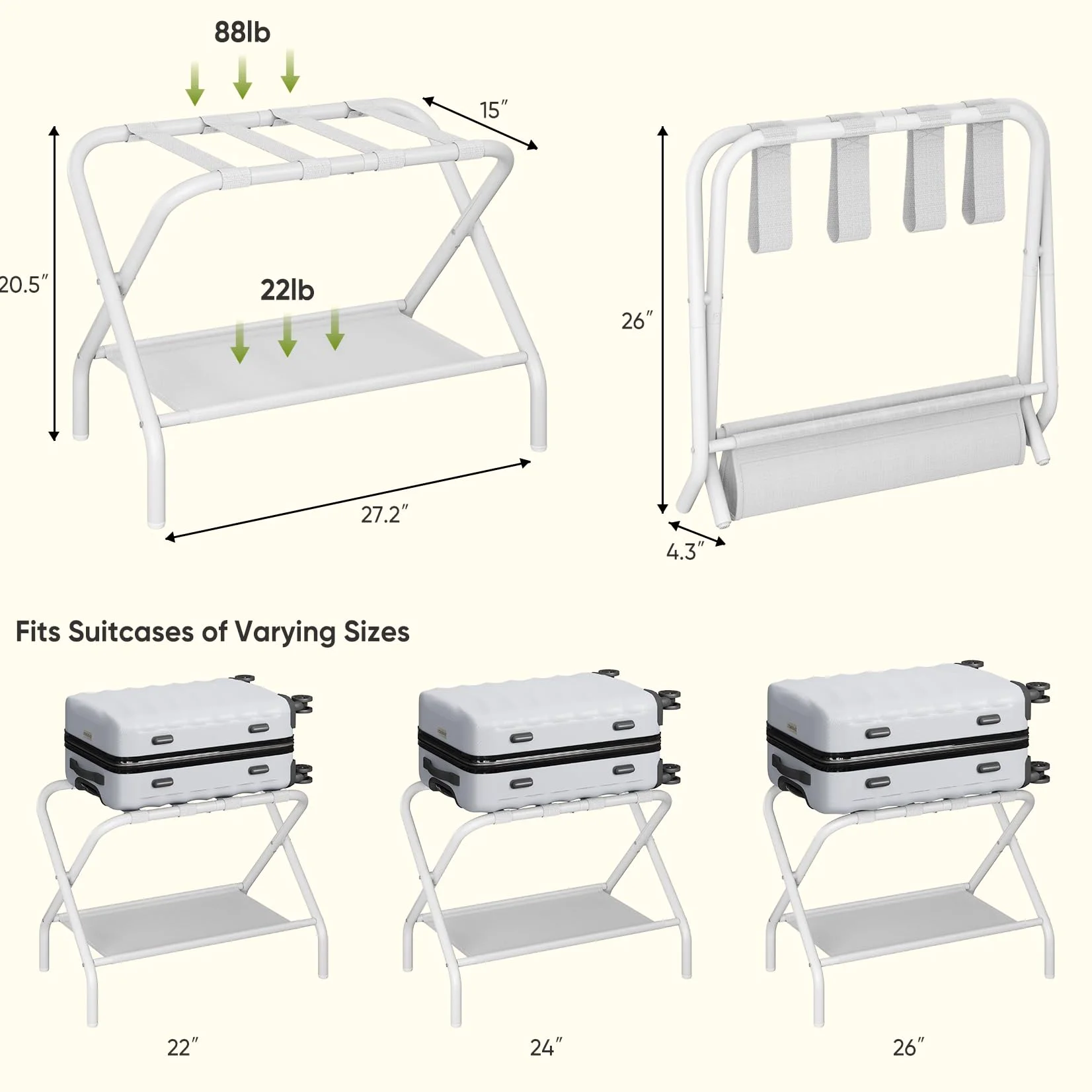 Smart FENDEE Confezione da 2 supporti pieghevoli per valigie con ripiano in tessuto, in acciaio, portatile, per camera degli ospiti, camera da letto, hotel, facile da montare, portata fino a 50 kg,