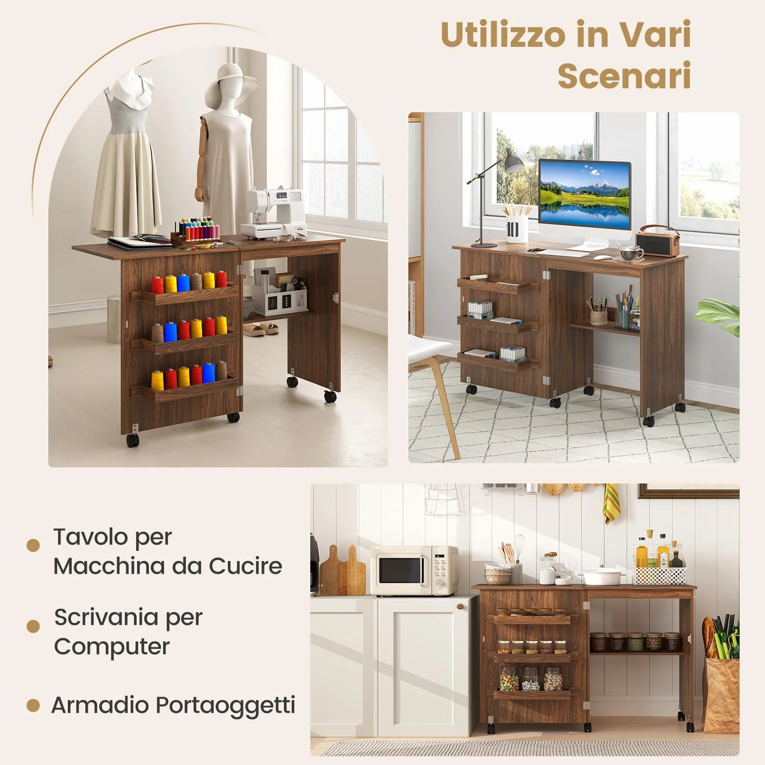 COSTWAY Mobile per Macchina da Cucire Pieghevole, Tavolo da Cucito con Ruote Bloccabili e Ripiani Portaoggetti, Tavolo per Macchina da Cucire Multiuso da Studio e Salotto (Marrone Scuro)