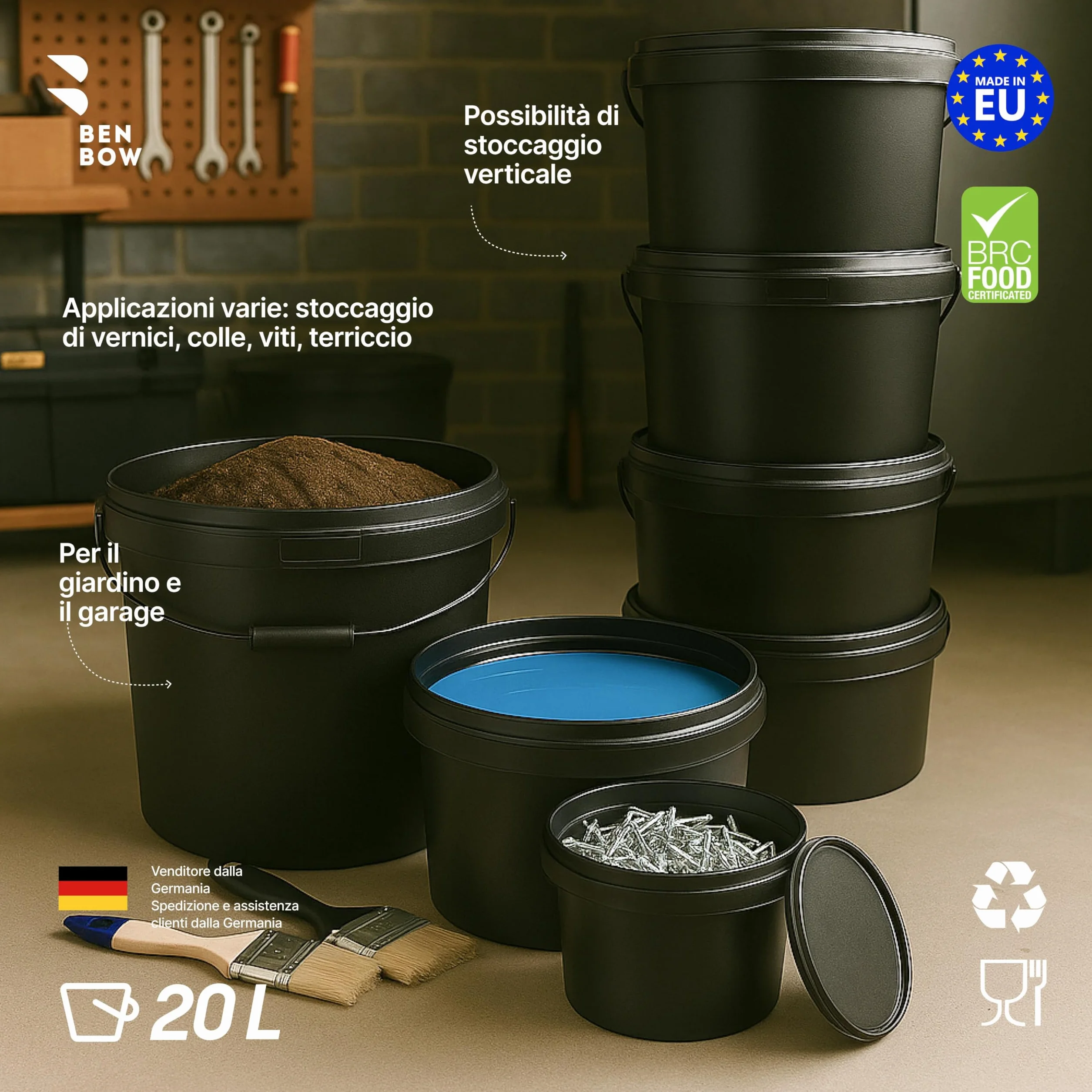 BenBow Secchio con coperchio 20l nero 1x 20 litri - sicuro per gli alimenti, stabile, ermetico, a prova di perdite - contenitore per la conservazione in plastica, con manico in metallo - vuoto