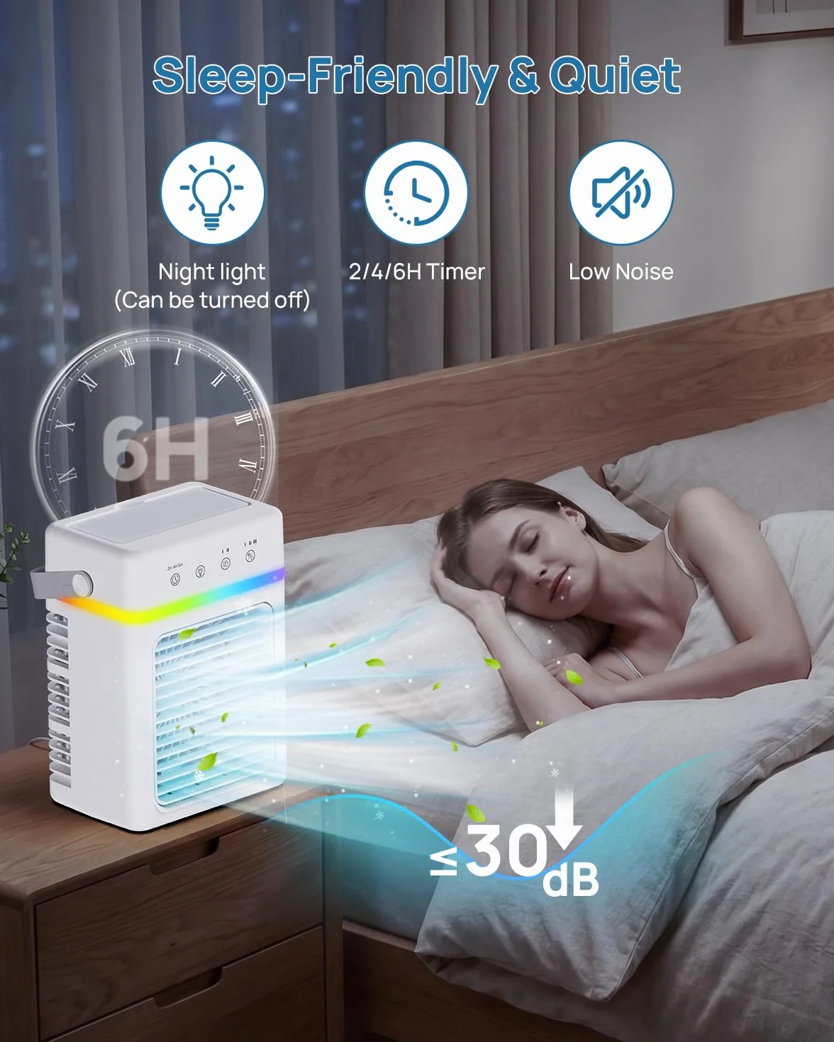 Condizionatore Portatile 900ml Silenzioso, Raffreddatore D'aria 3 Velocità & 3 Modalità, Climatizzatore USB con Nebulizzazione 4μm, Luci LED & Risparmio Energetico, Ideale per Casa, Ufficio, Campeggio