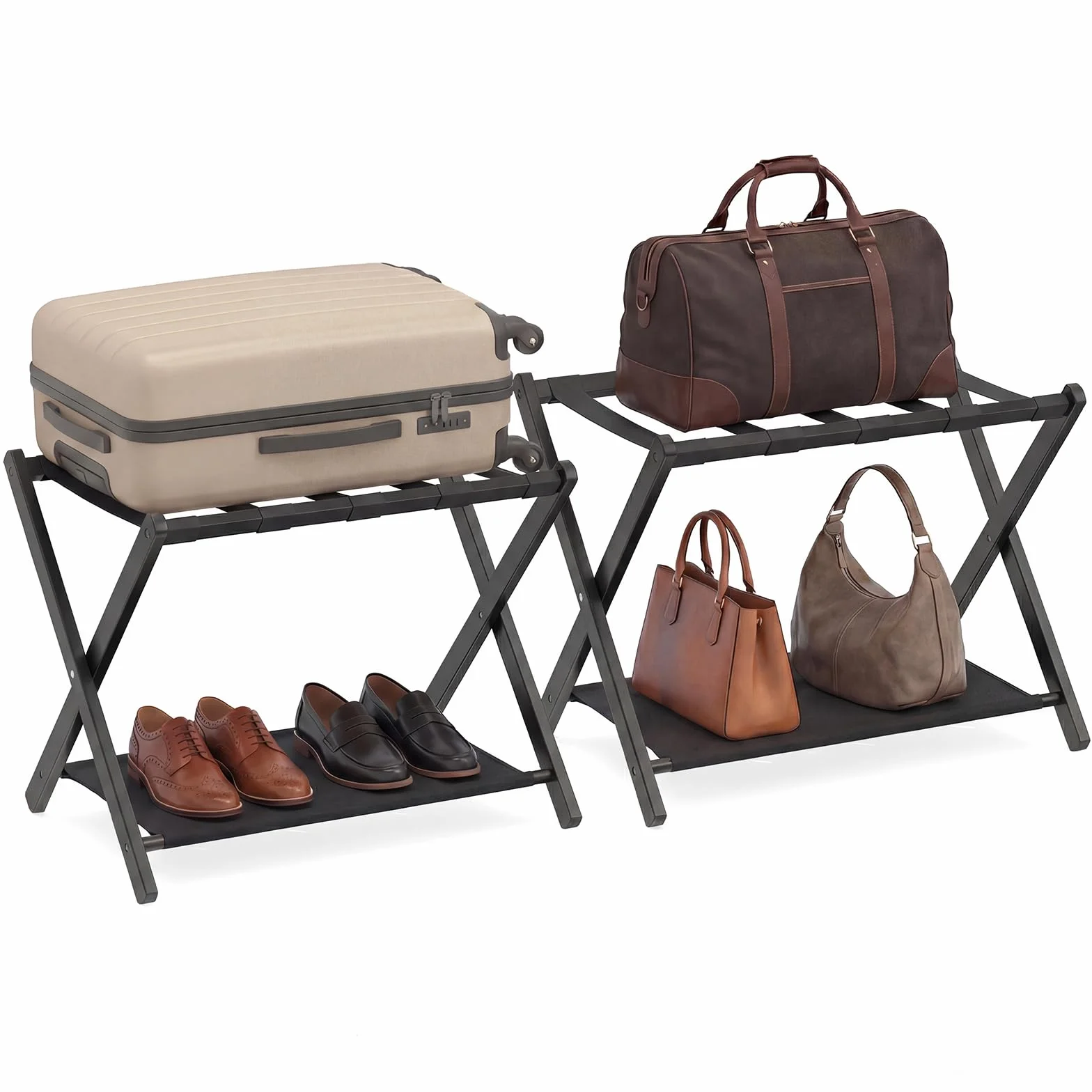 COSTWAY 2 Pz Portavaligia Pieghevole in Bamboo con Cinghie, Tessuto Oxford, Portata 65 kg, Nero