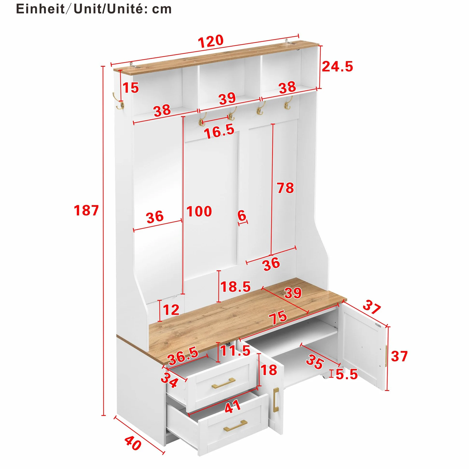 Scarpiera multifunzionale, 120 x 190 cm, specchio, ganci, cassetti, armadietto moderno con spazio di archiviazione, sedile, bianco + colore legno