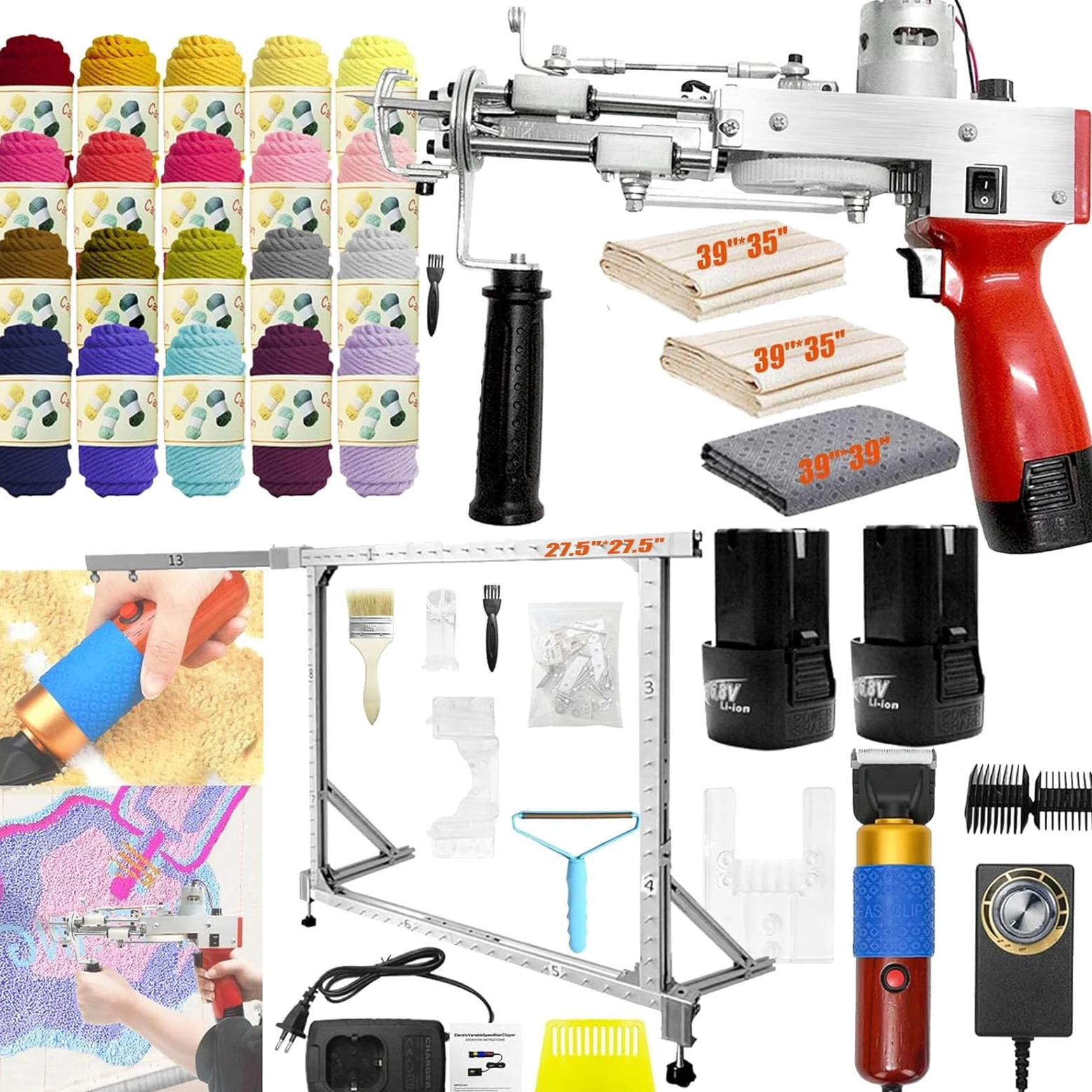Pistola Per Tufting, Set Tufting Macchina Tufting Pistole Tappeti Batteria 2*2600 Mah Con Telaio In Lega Alluminio 27,5 X 27,5'' Taglierina Tappeti A Pelo Tagliato 20 Rotoli Filato Con Teli Tufting