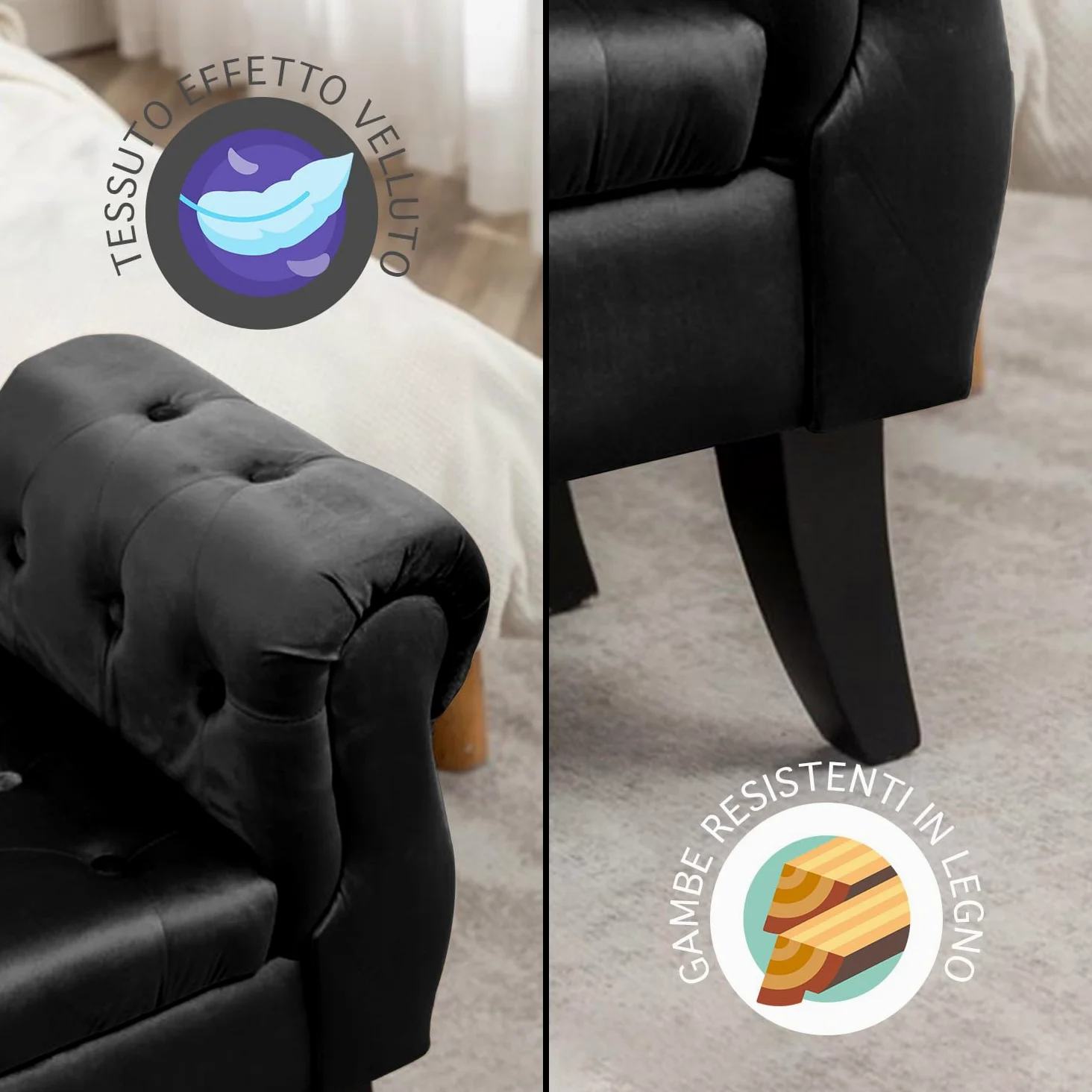 IlGruppone Divanetto in Velluto Panca Contenitore Pouf PortaOggetti Panca Sgabello A Pie di Letto Cassapanca Ingresso Legno Massello Panchina - Nero