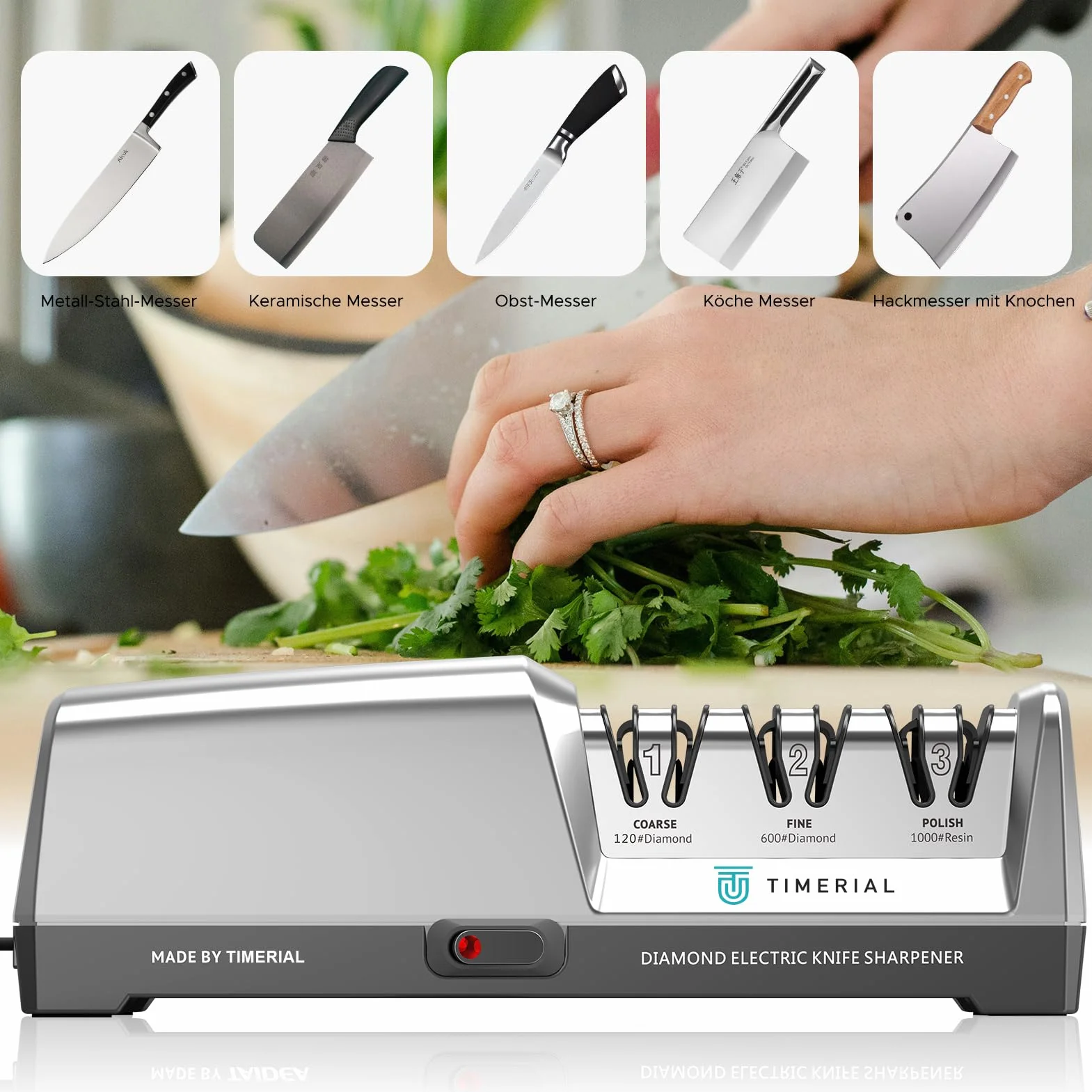 TIMAL Affilacoltelli elettrico 3 stadi Disco abrasivo diamantato 15° Guida angolare di precisione per coltelli da cucina in acciaio 120/600/1000 grana