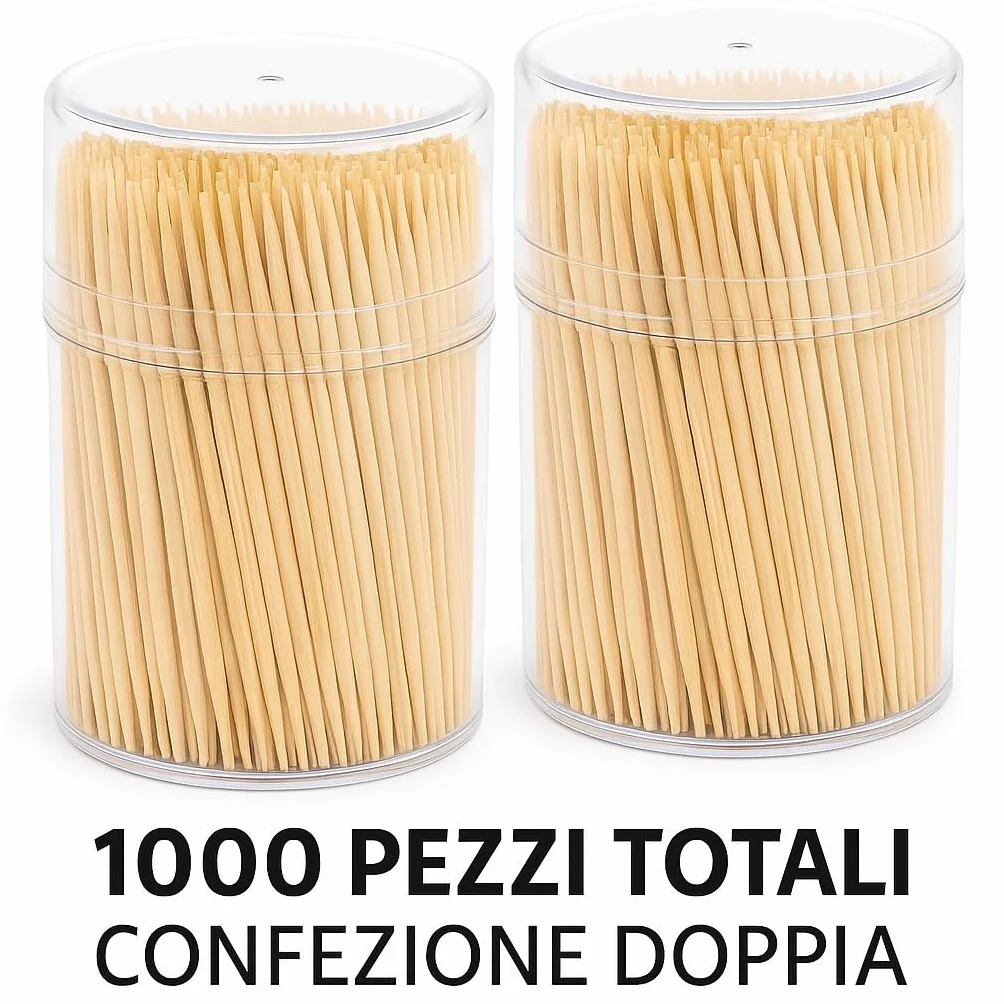 Stuzzicadenti in Legno con Contenitore 2 Confezioni da 500 Pezzi 1000 Totali Barattolo Trasparente