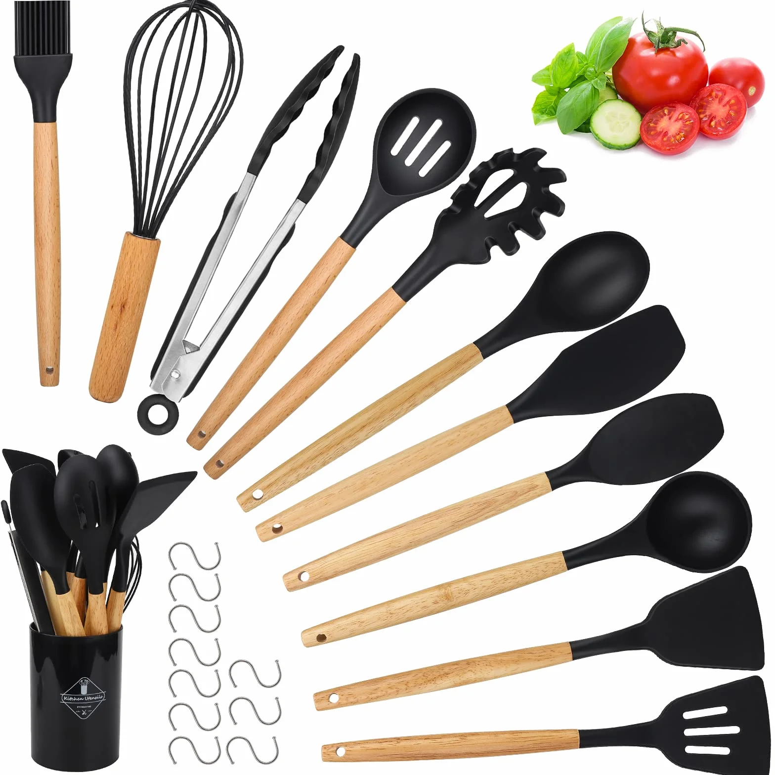 Utensili Cucina Silicone, 22 Pezzi Resistente al Calore Antiaderenti Utensili da Mestoli Cucina in Silicone con Manico in Legno - 10 Ganci a S, Lavabili in Lavastoviglie Nero