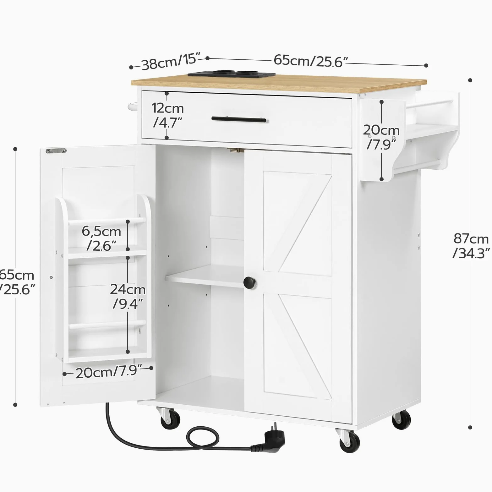 HOOBRO Tavolo Isola Cucina con Prese Elettriche, Carrello da Cucina con Cassetti e Porta Spezie, Carrello Isola da Cucina, con 2 Prese, Bianco e Colore Legno Naturale EWN88CZD01
