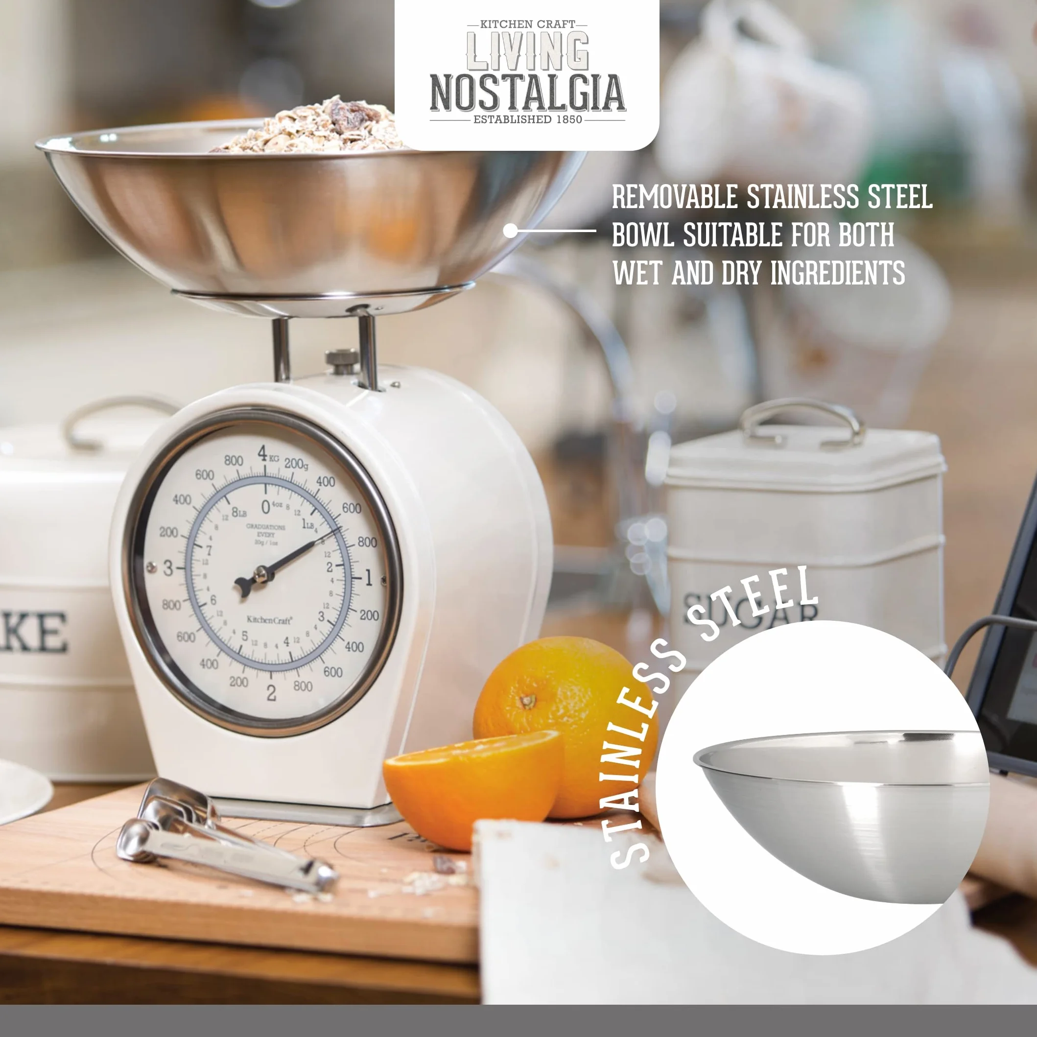 KitchenCraft Living Nostalgia Bilancia da Cucina Meccanica Analogica 4 kg Crema Antico