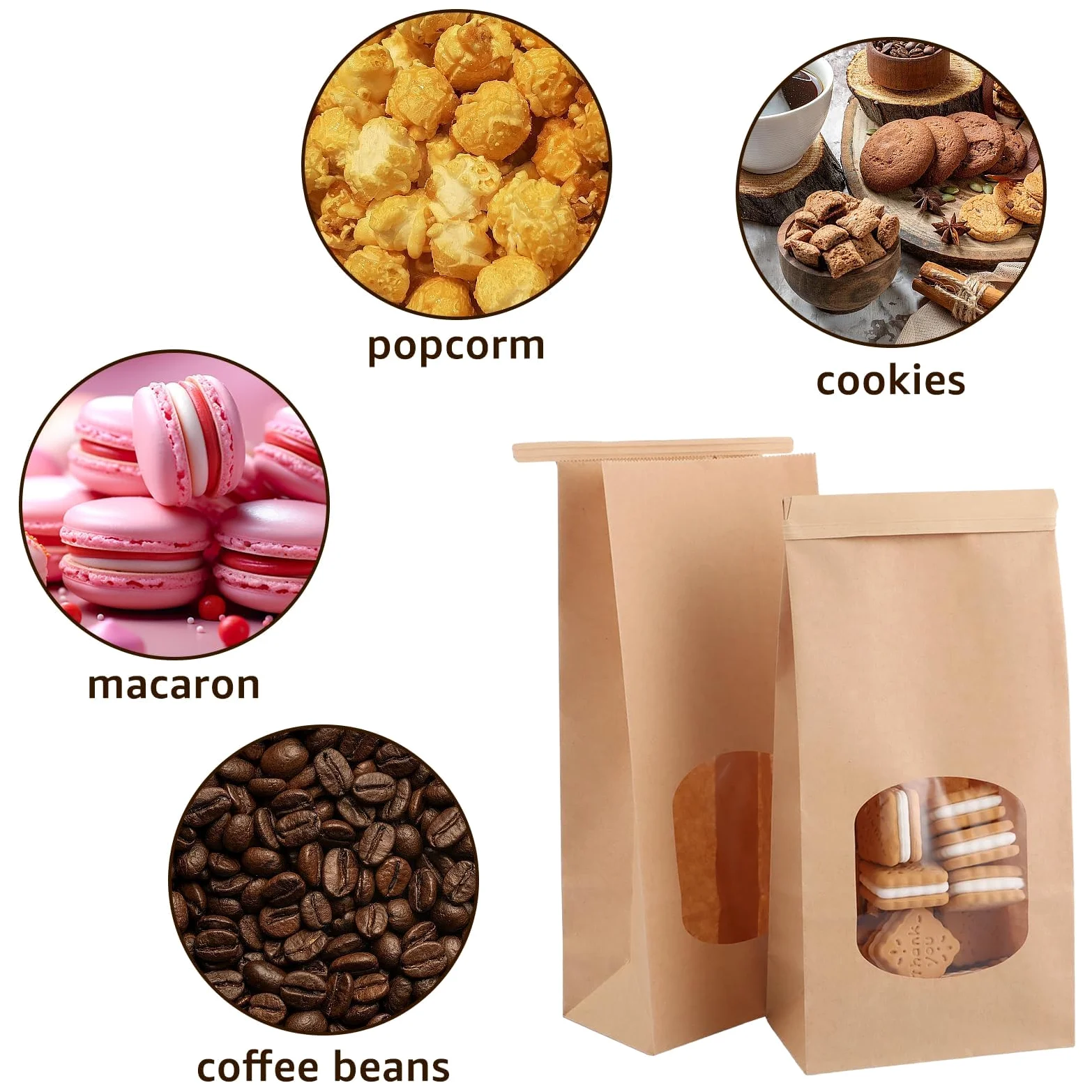 YAYODS 100 sacchetti di carta con finestra, 24 x 12 x 6,5 cm, sacchetti di carta kraft piccoli, sacchetti di carta marrone con chiusura, per biscotti, toast, panini, caramelle, chicchi di caffè