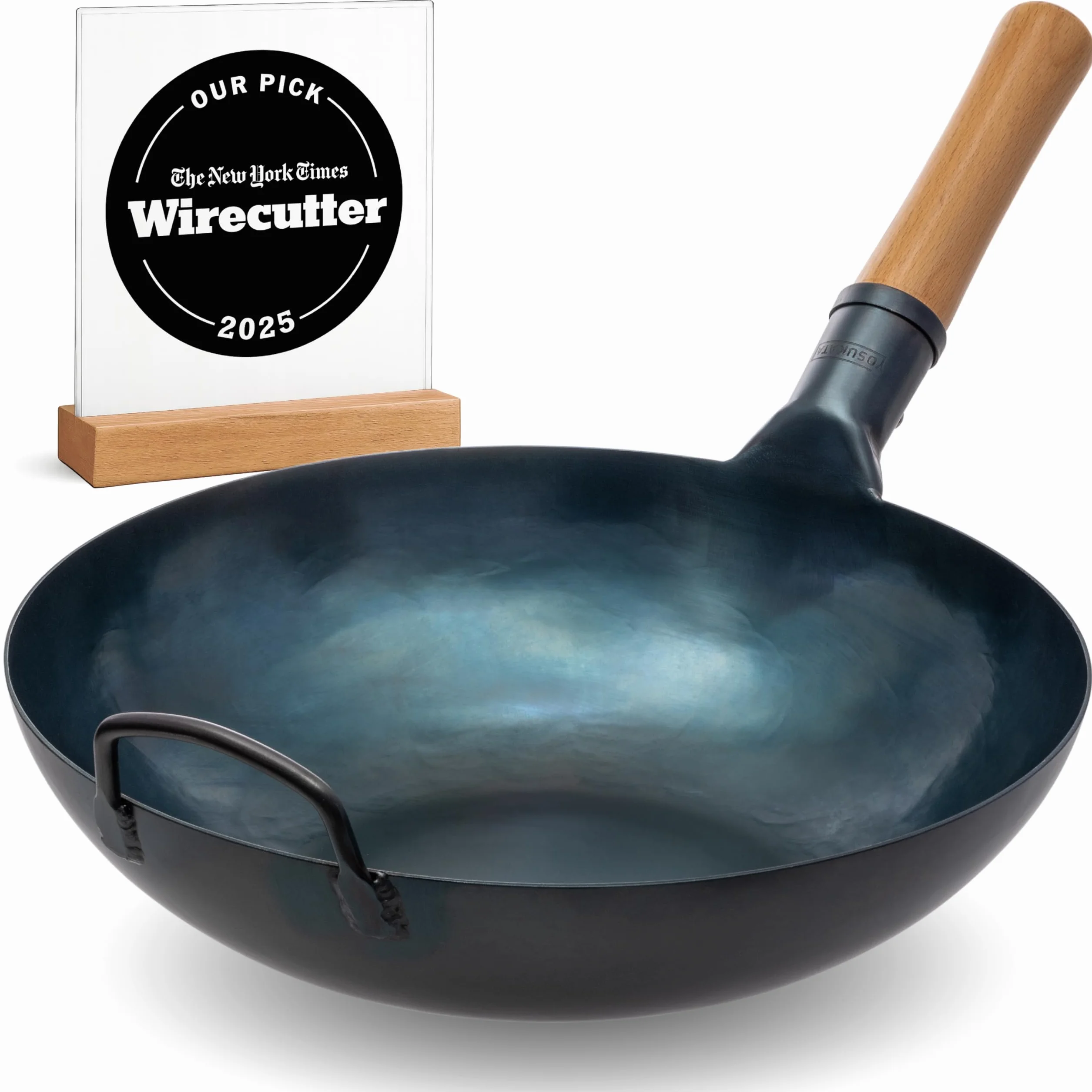 YOSUKATA Wok Padella Professionale 34 cm - Tradizionale Wok Acciaio al Carbonio Blu Fondo Piatto Precondizionato - Cinese Originale Padella - Adatto a Gas Induzione Elettrico Сeramica e Fuoco Aperto