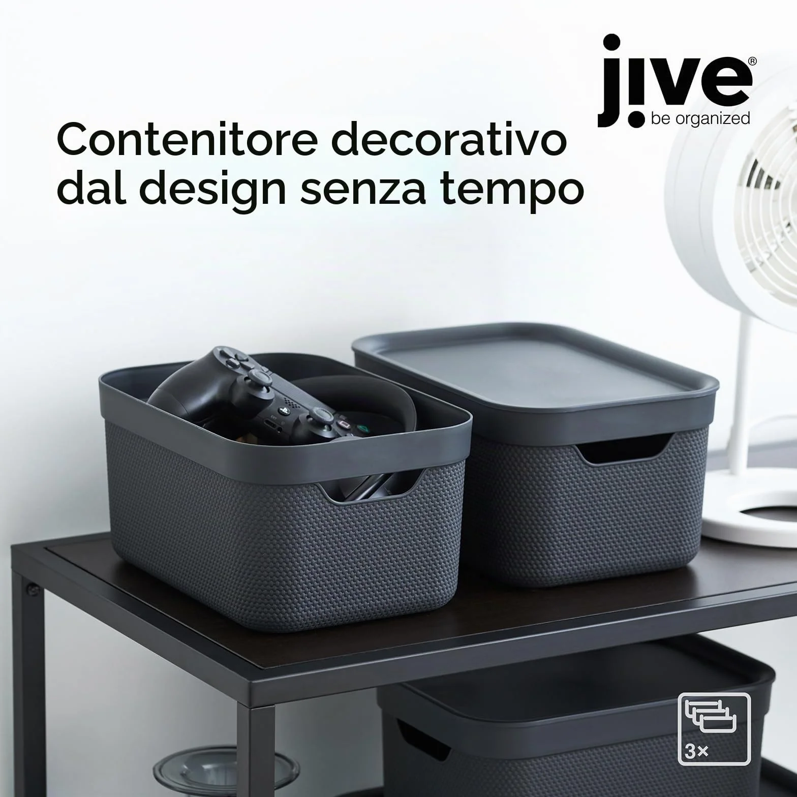 Jive Dekobox Set 3 Scatole Decorative Portaoggetti 5 l Plastica PP Riciclato Nero 26.5 x 18.5 x 13.5 cm