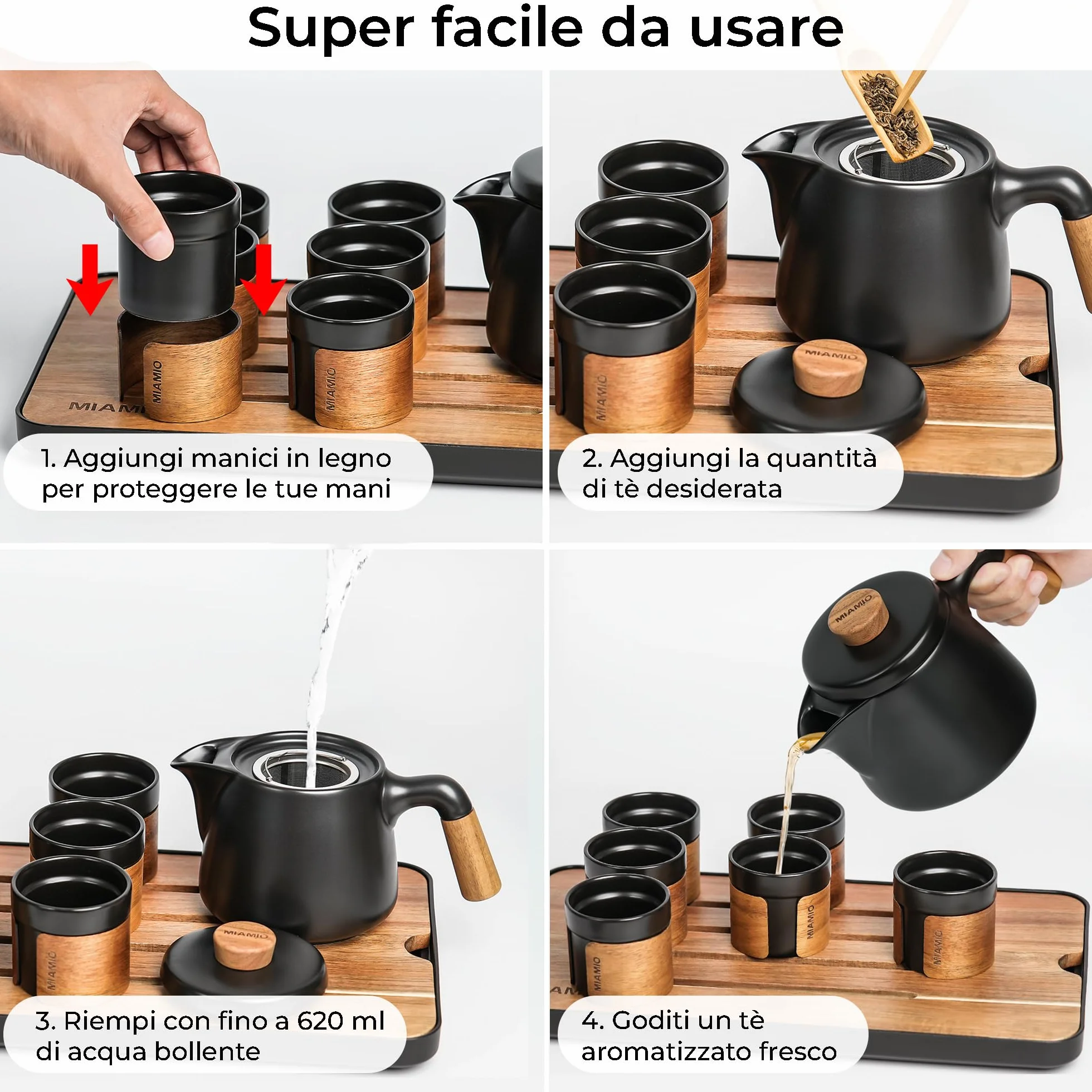 Set da tè giapponese 6 tazze 100 ml teiera 620 ml con infusore tradizionale Nero