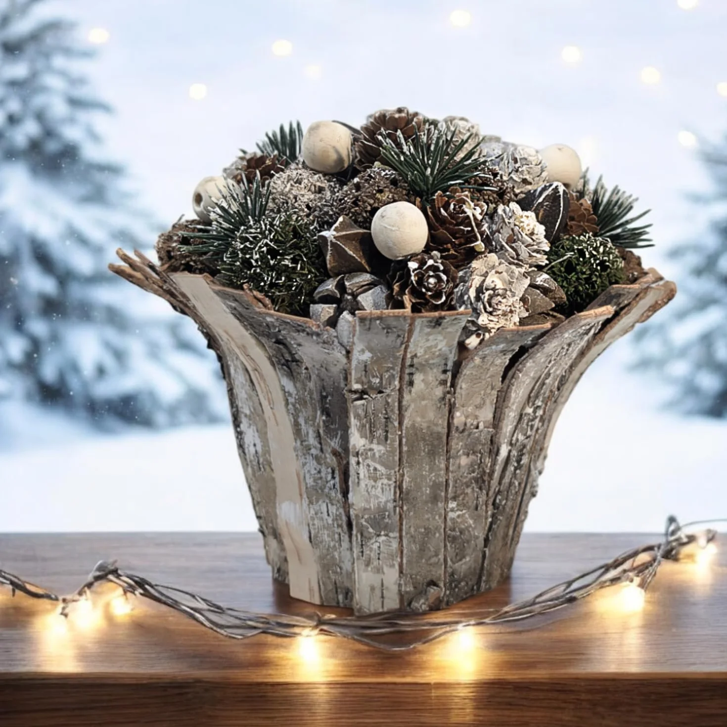 com-four® Composizione natalizia in vaso di fiori - diversi tipi di coni in vaso decorativo di corteccia - composizione floreale fatta a mano (1 pezzo - 18 cm - bianco - perle)