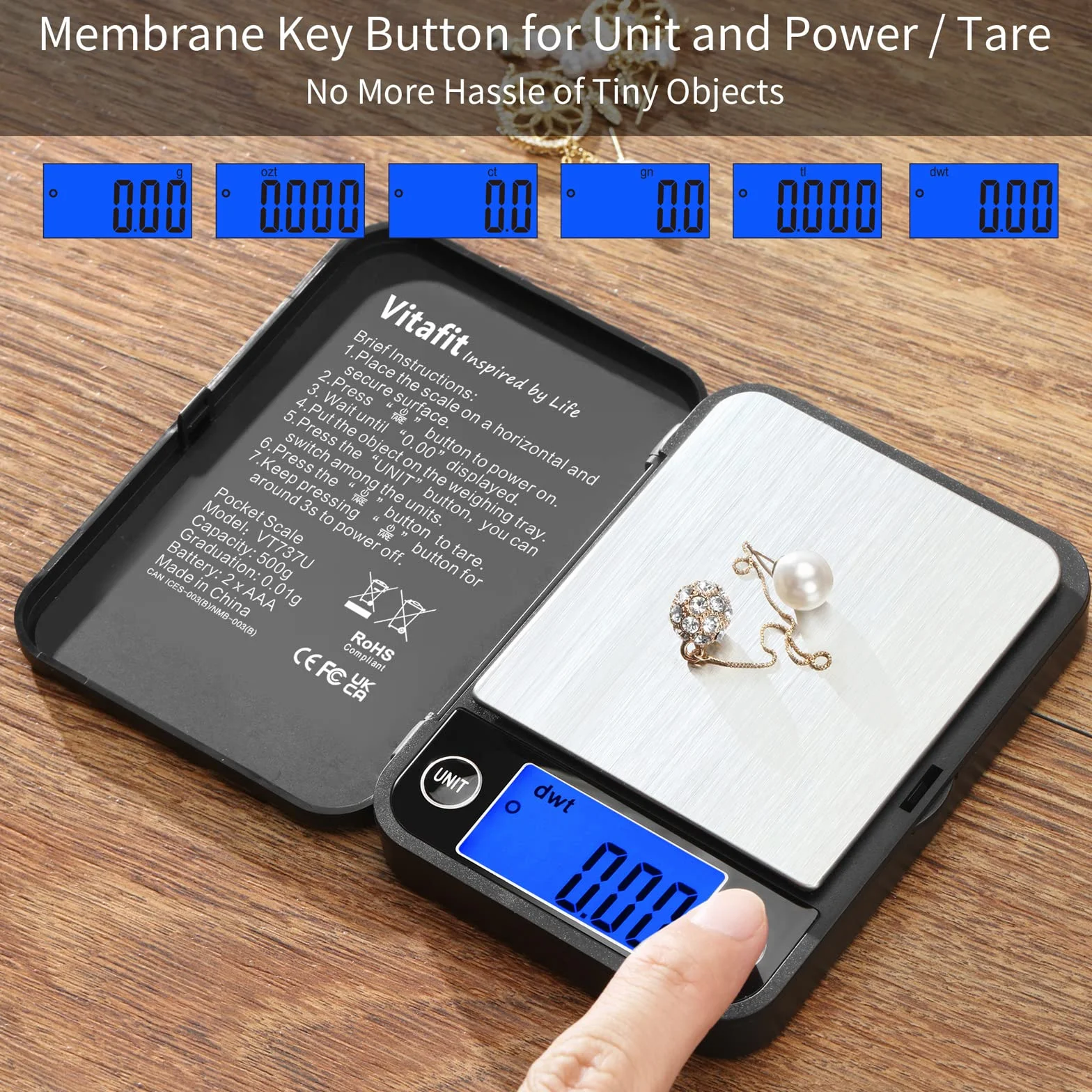 Vitafit Tascabile Digitale 500g/0,01g con Tara e Calibrazione Alimenti Pesa Bilance, Mini Bilancia di Precisione Digitale per Cucina Gioielli Oro Bilancia, 11x8.2cm, Nera