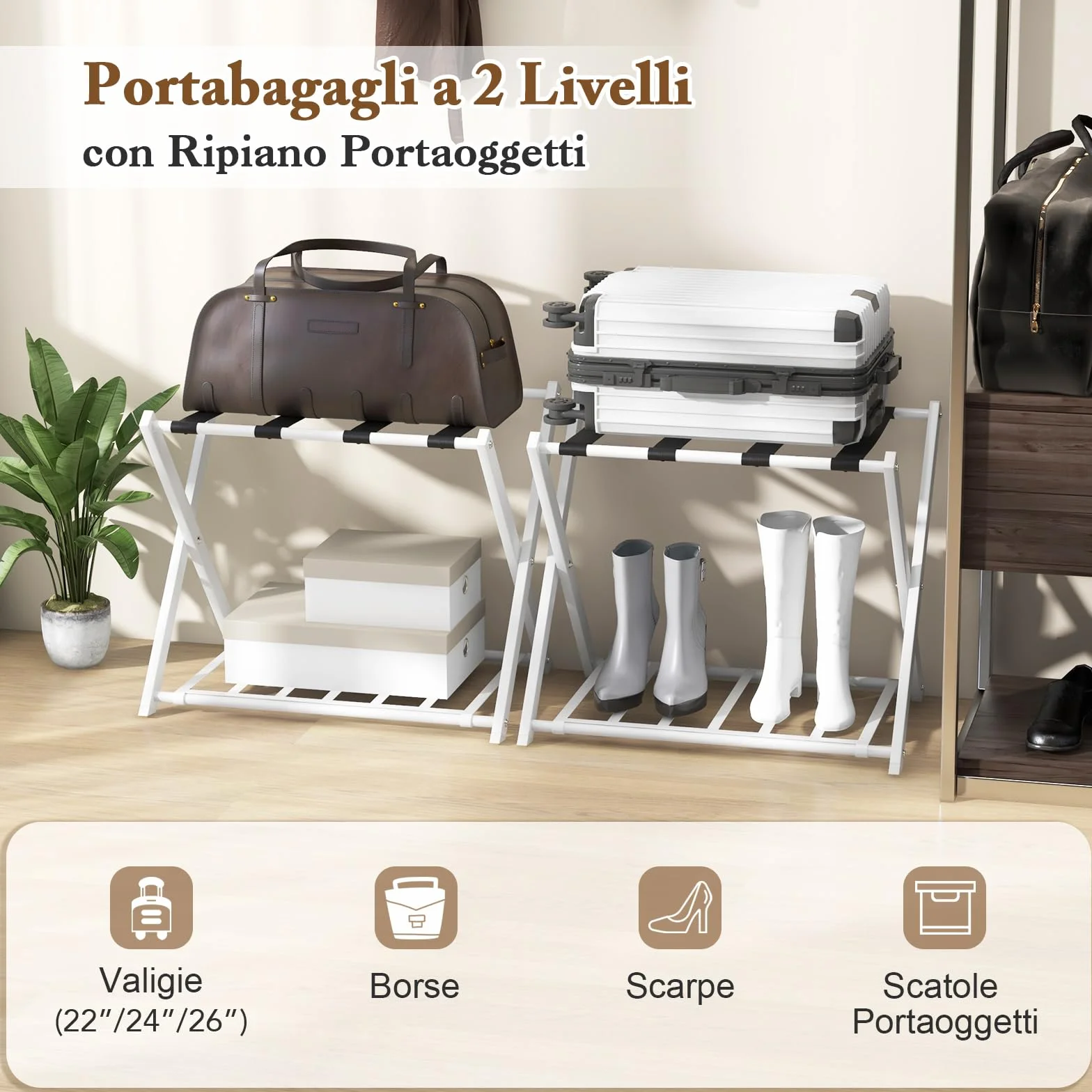 COSTWAY Portavaligie Pieghevole a 2 Ripiani in Metallo 68x43x56 cm Bianco