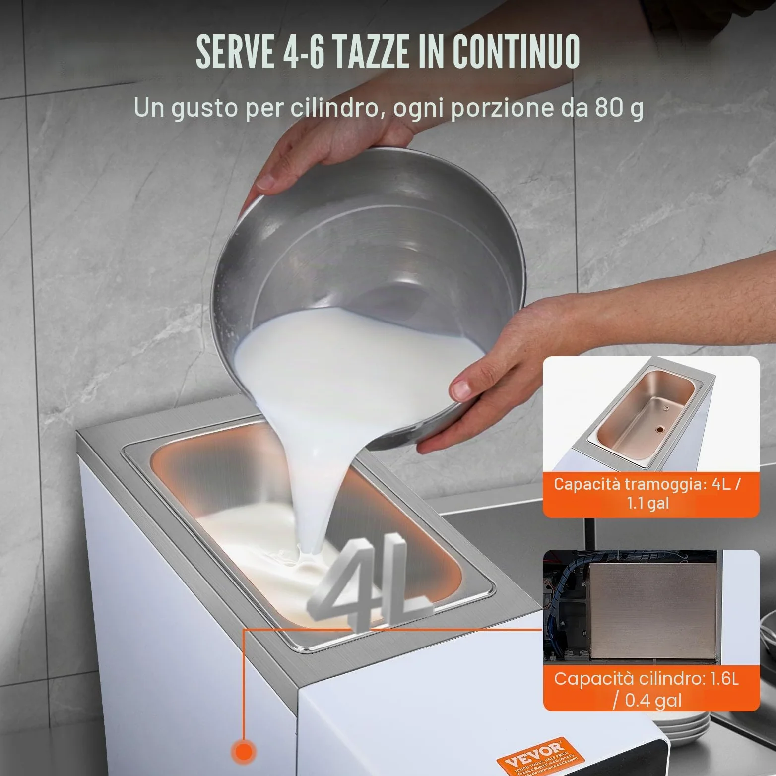VEVOR Macchina per Gelato Commerciale, Produzione 10 L/H, Macchina per Gelato Soft da Banco Monogusto 900 W, Tramoggia 4 Litri, Cilindro 1,6 Litri, per Snack Bar Ristorante