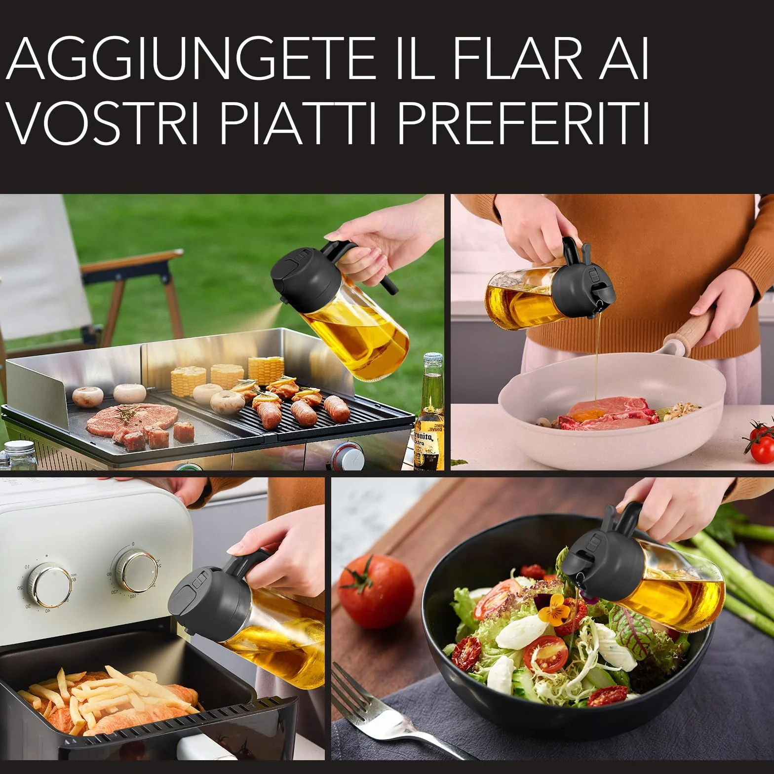 YARRAMATE Spruzzatore di olio da cucina 2 in 1, bottiglia di vetro 470 ml per friggitrice ad aria e barbecue