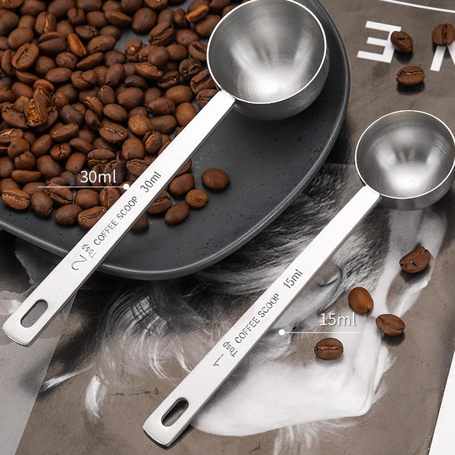 Set di 2 misurini da caffè con manico lungo, in acciaio inox, 1 cucchiaio e 2 cucchiai dosatori da 15 ml e 30 ml, per caffè, latte, frutta in polvere (15 ml e 30 ml)