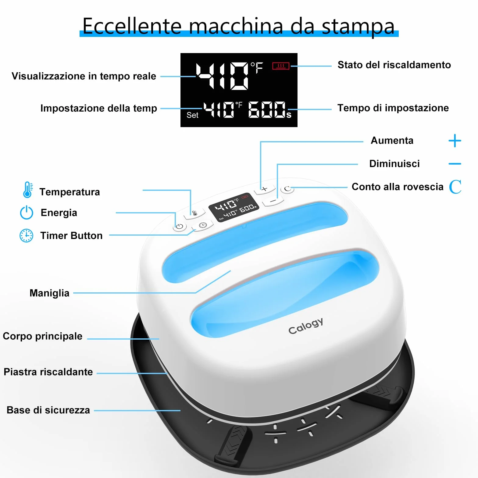 Calogy Pressa a Caldo per Magliette Termopressa Portatile 25,4x25,4cm per Tessuti Borse Cuscini Cappelli con Vinile Trasferimento Termovinile Bianco Blu