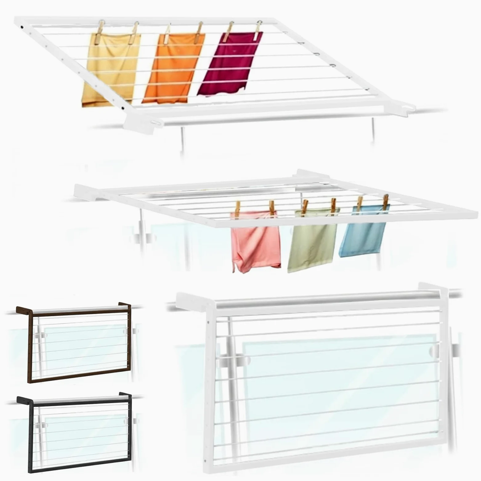 Flo.mar Stendino da Balcone e Parete 150x70 cm - Kit Montaggio Incluso - Stendibiancheria da Esterno Ribaltabile e Salvaspazio in Alluminio - 8 Cavi in Nylon - Stendipanni a Scomparsa (Flip)